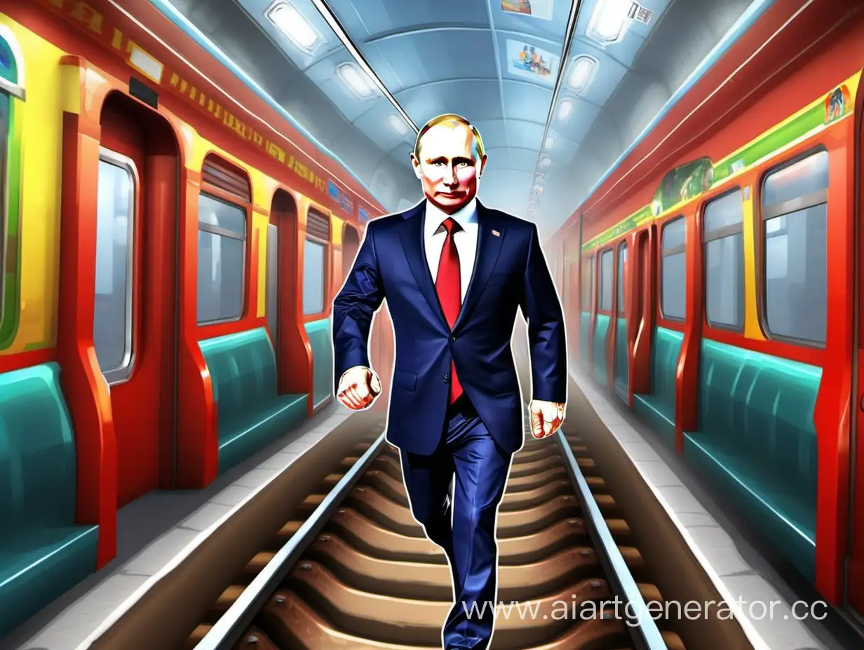 Путин едет в поезде в игре Subway surfs