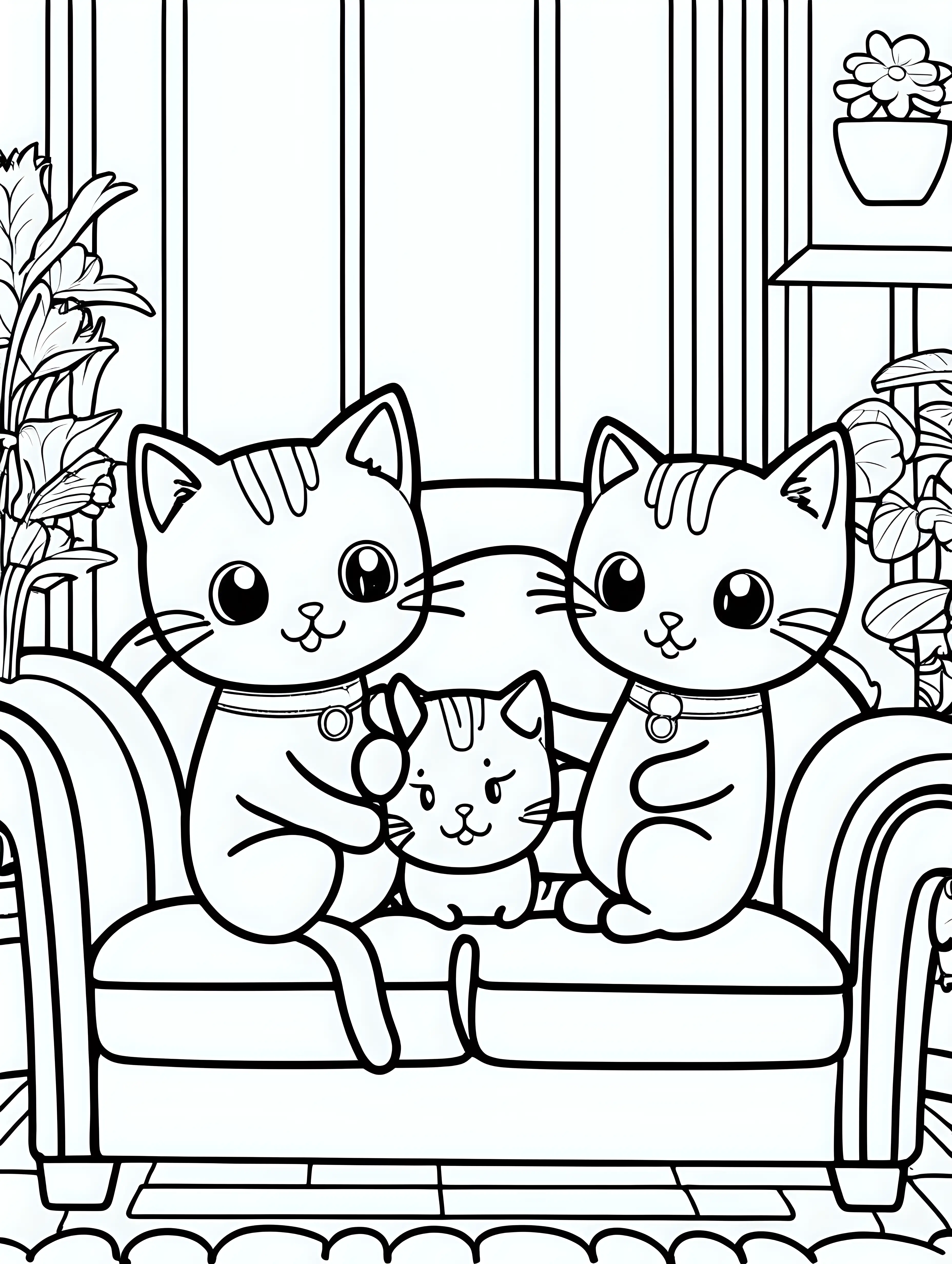 Adorable Kawaii Cats Playing on Couch Coloring Page