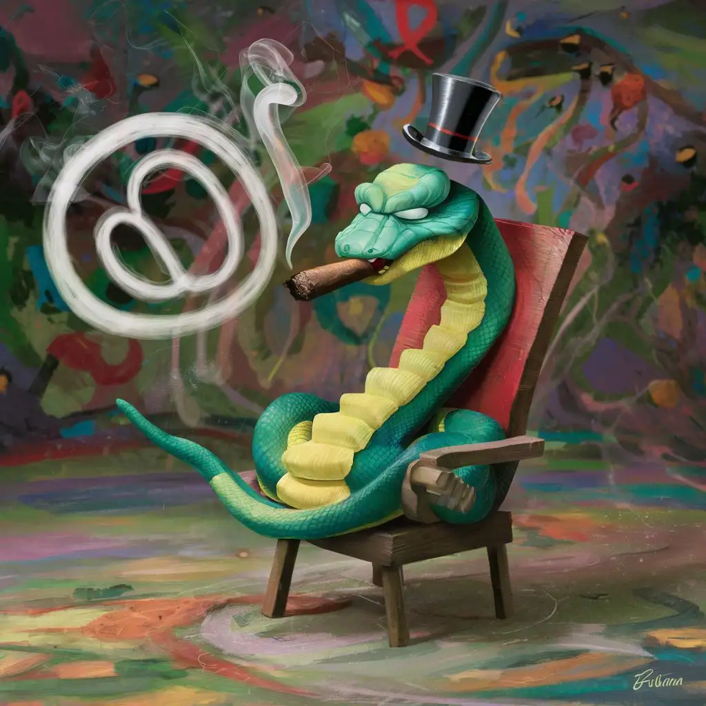 a green and yellow snake smoking a cigar
