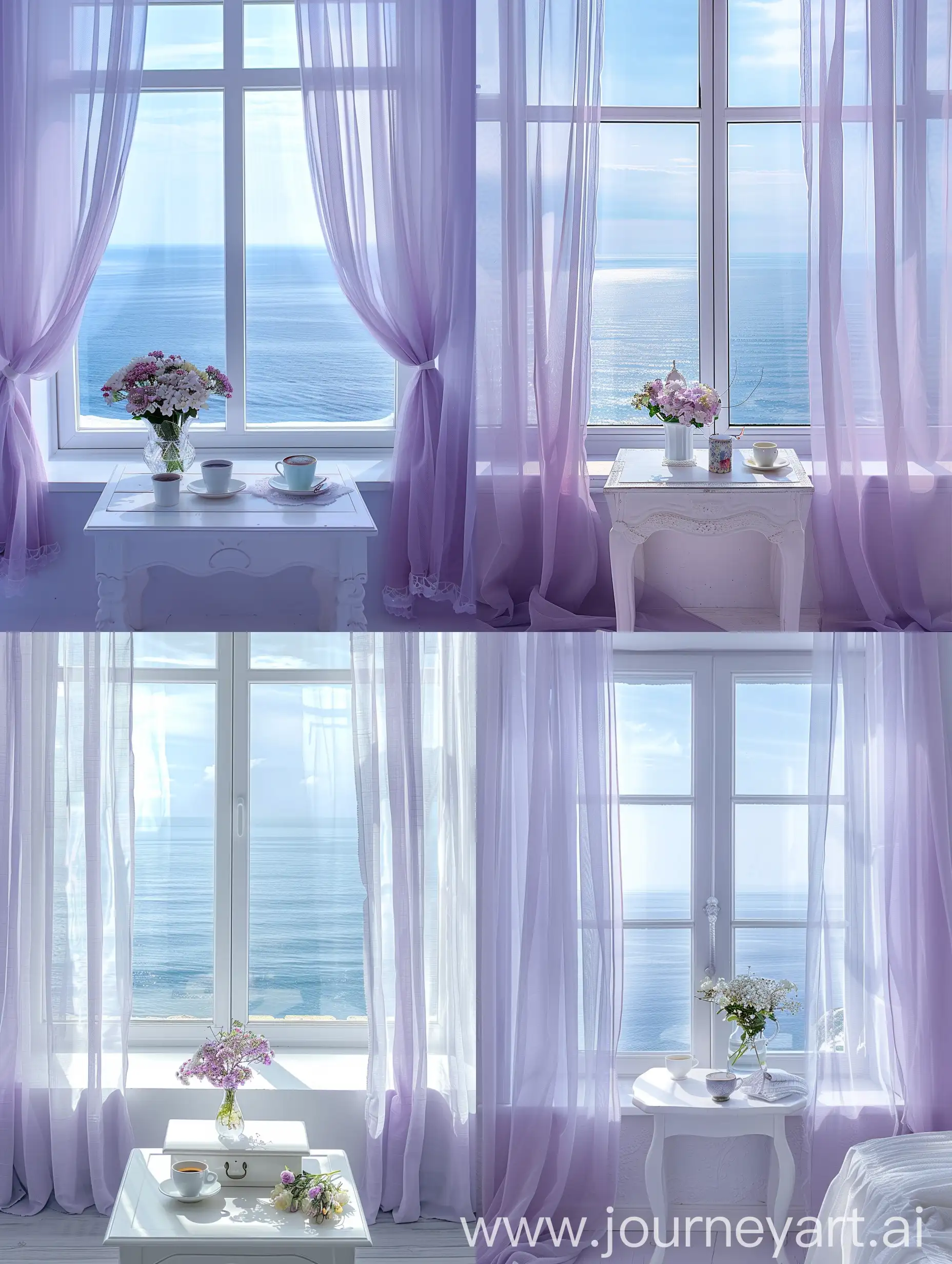 透过白色窗户看到外面是一片蓝色的大海，窗户两边有浅紫色薄纱窗帘，窗边有白色小茶几上放着带花瓶的一束鲜花，小茶几上还有一杯咖啡，梦幻风格，文艺复兴