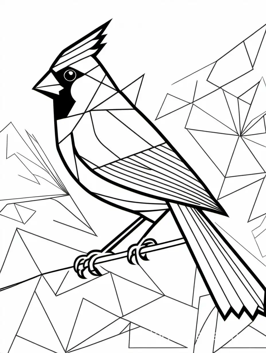 Red Cardinal bird, geometrical shapes background, Coloring Page, black and white, line art, white background, Simplicity, Ample White Space. The background of the coloring page is plain white to make it easy for young children to color within the lines. The outlines of all the subjects are easy to distinguish, making it simple for kids to color without too much difficulty