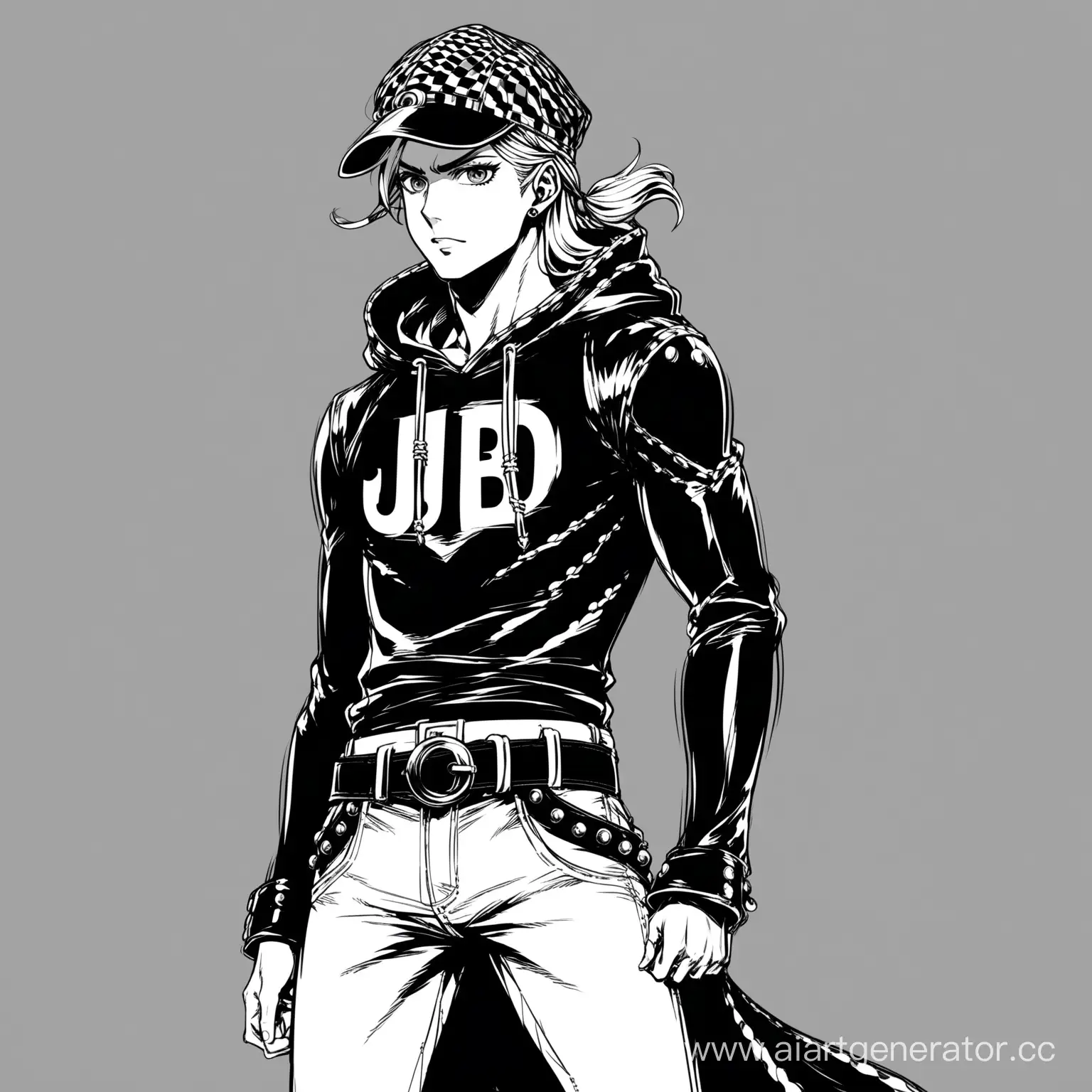 Юноша в черной одежде,брюки с ремнем и худи,в стиле JJBA Steel Ball Run,черно-белый стиль