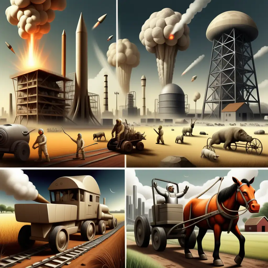 imagine and create a single image that converges images, depicting early humans using primitive tools like stone axes and spears for hunting and survival, an image illustrating the transition from nomadic lifestyles to settled farming communities with images of plows, farms, and domesticated animals, image showing the rise of factories, steam engines, and the mechanization of agriculture during the Industrial Revolution, Create an image symbolizing the Space Race era with rockets, astronauts, and early computers like ENIAC,image that envisions the future of technology, incorporating elements like AI-controlled cities, augmented reality, and space exploration. show going from the bottom left to the top right of the image
