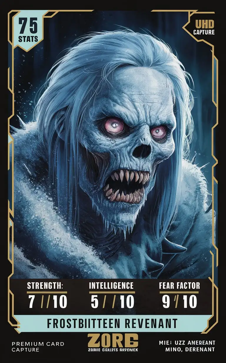 Anime Zombie Apocalypse trading card featuring 'Frostbitten Revenant' with stats like Strength: 7/10, Speed: 5/10, Intelligence: 4/10, Fear Factor: 9/10. Frostbitten Revenant is a chilling apparition, its icy touch freezing all in its path. It emanates an aura of bitter cold, leaving frost and death in its wake as it relentlessly pursues its prey. Premium 14PT card stock, artwork by Mike 'Nemo' Anderson, UHD visuals, chaos theme, marketed by 'Zombie Apocalypse Network.'