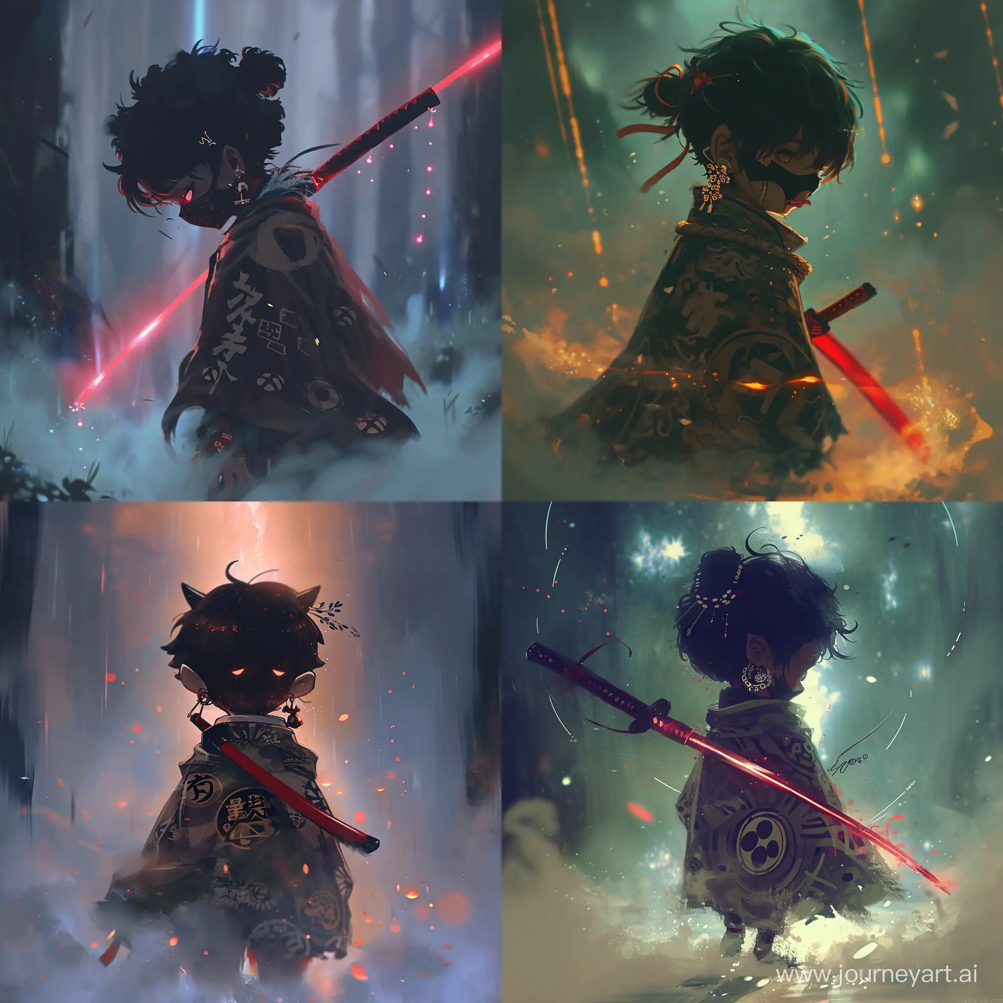 Маленький демон подросток, от которой исходит красивый магический туман, на нем японские серьги и плащ, украшен японскими символами. В него вонзен темно красный меч, идет по туману с тёмной маской, закрывающей лицо. Anime style