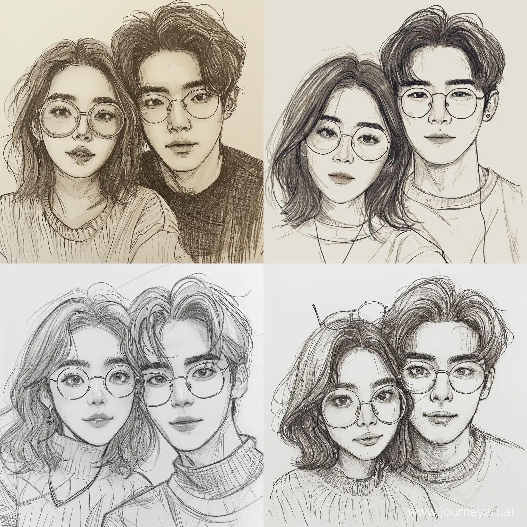 an asian couple, sketched drawing, matisse style, the girl has round larger than eyes clear glasses and her hair is shoulder length, her hair is chic and cool style, the boy has Korean Kpop hairstyle, very handsome, in 4k quality, girl is cute vibes with sexy eyes and beautiful