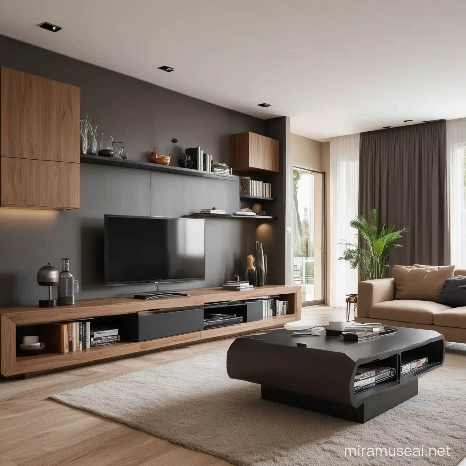 Futuristic Wooden TV Unit in Modern Villa with Anthracite and Khaki Tones