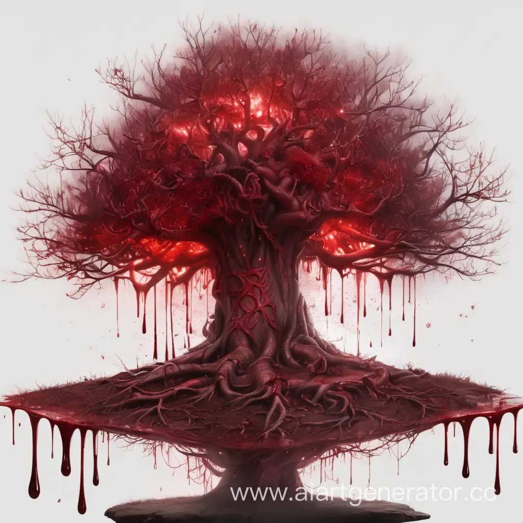 a tree covered in blood with a luminous crown