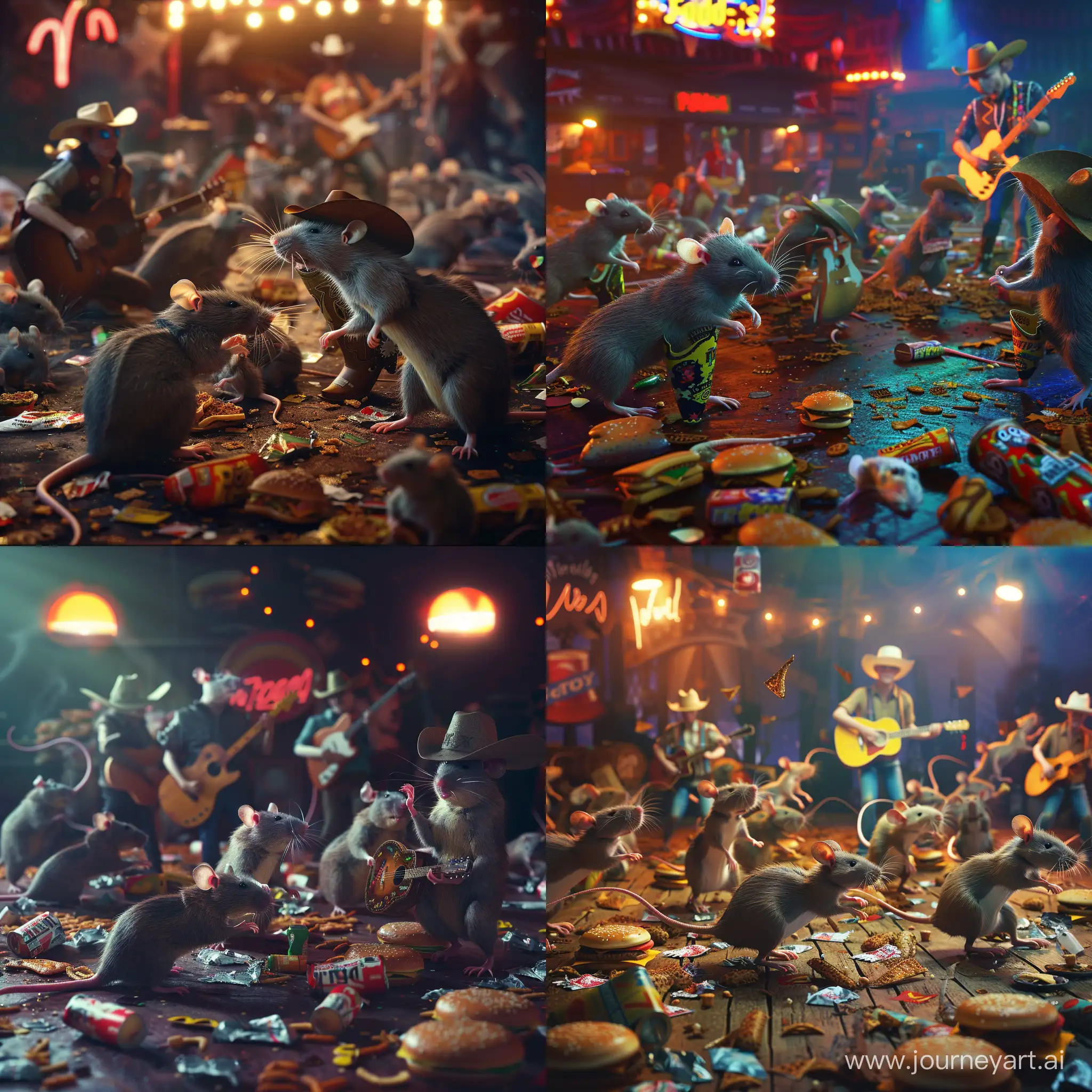 photo-realistic,  a group of rats that are wearing cowboy hats and boots ,are doing a country line dance on a floor littered with fast food trash, in the background rats play guitars and sing, atmospheric lighting
