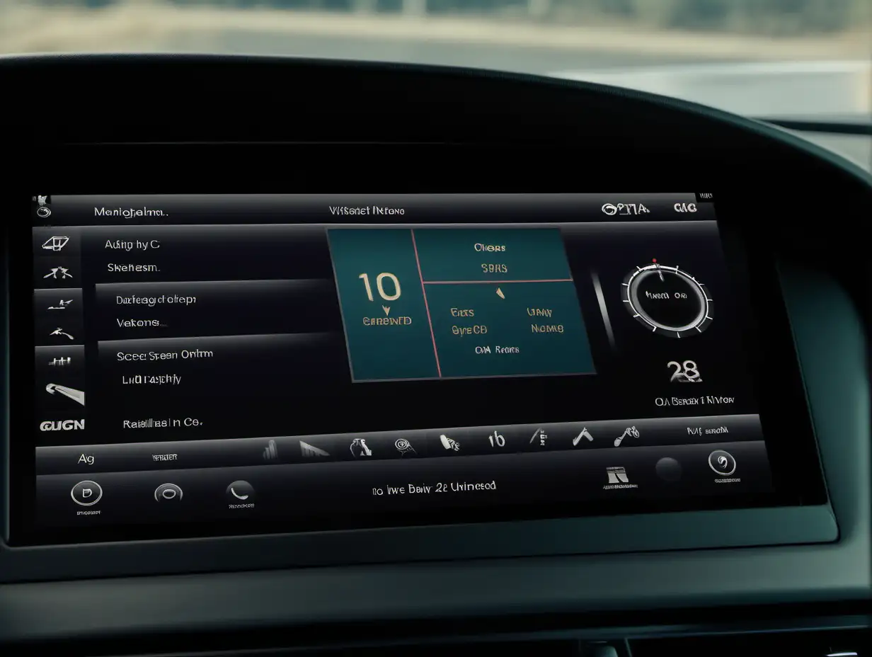 realistic close up photo of the screen in the center of the dashboard
