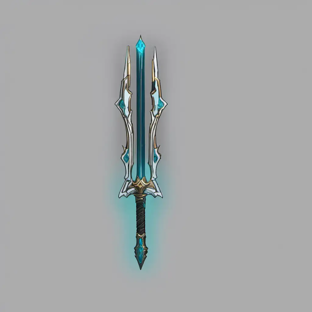 High definition warframe glowing lightsaber galatine greatsword orokin weapon concept --ar 1:5 gold blue white and teal