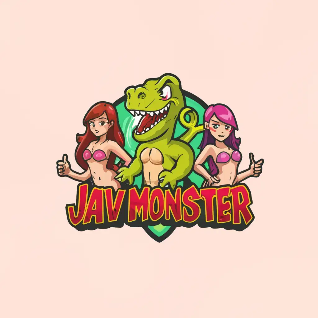 a logo design, with the text JAV MONSTER, main symbol: a funny and cute dinosaur with two provocative and attractive Asian girls wearing revealing bikinis, Moderate, to be used in the Entertainment industry, clear background