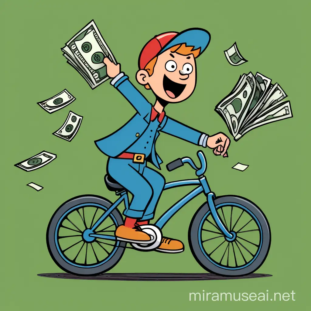 cartoon paper boy on bicycle ,  throwing money instead of papers