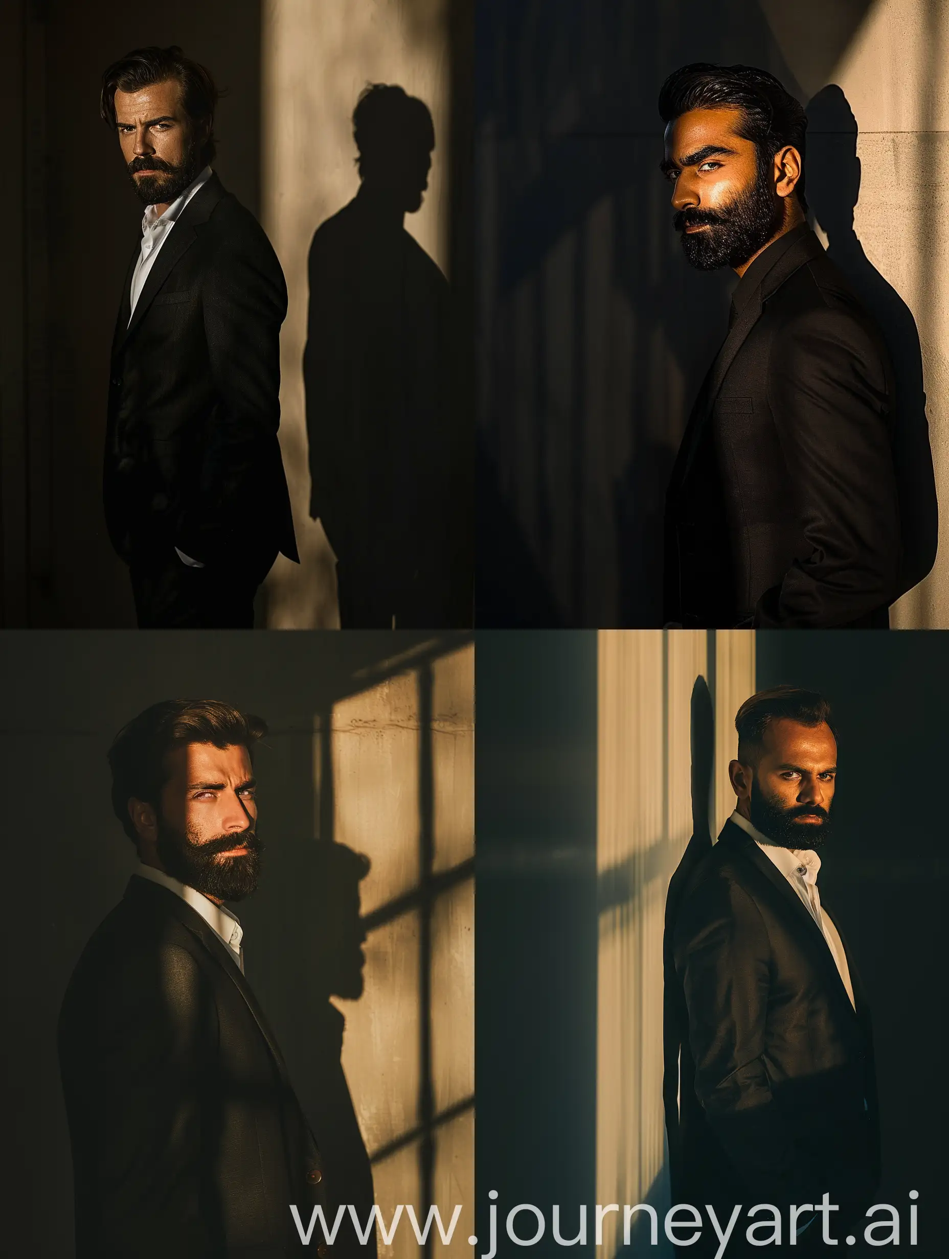 Front Angle View Photography From A Man with Simple Hair Style & Beard Standing Next to the Wall in Dark Place, The Light Shines on the Man And the Shadow of the Man on the Wall, Formal Outfit, Cinematic Photography Style, Natural Shadow, Natural Color Details, High Quality --v 6.0 --ar 3:4