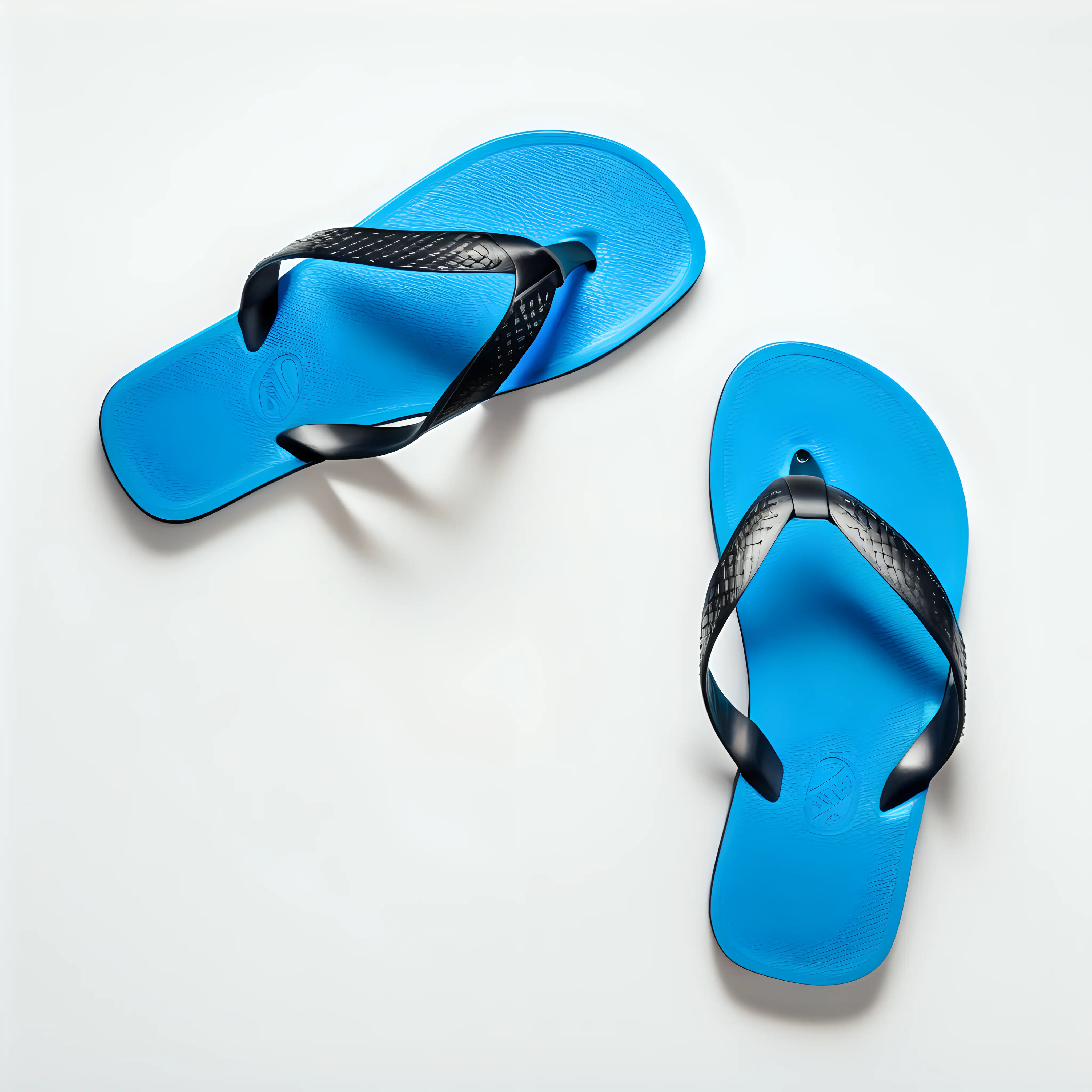a pair of blue flip flops from above  on a solid white background