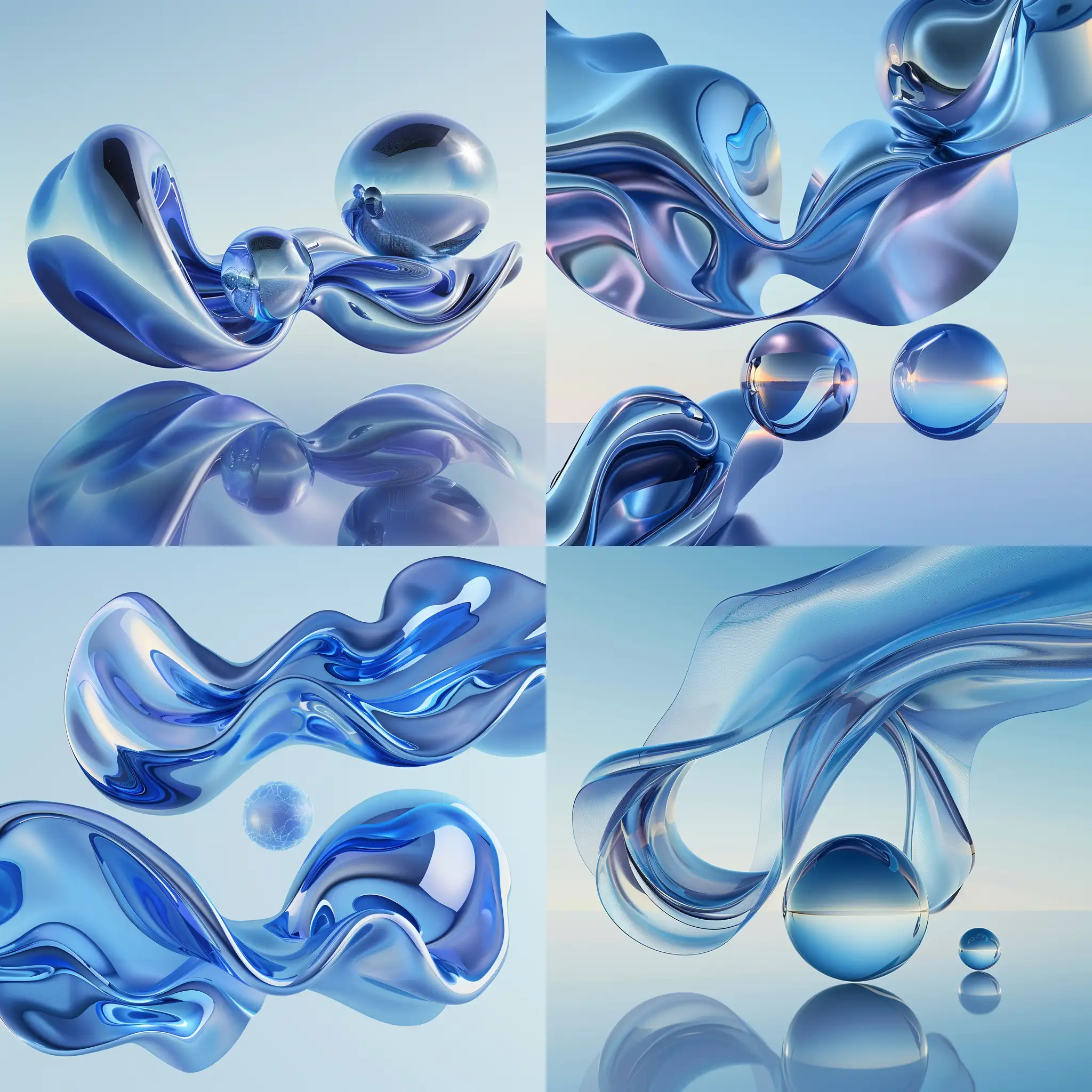 Create a digital image featuring abstract, fluid shapes and reflective spheres that represent technological integration and data flow. Use a palette of blues, ranging from light to deep, to create a sense of depth and innovation. The shapes should be smooth and organic, with a slight gloss, floating on a gradient background that fades from blue to white, suggesting a blend of sky and technology ar——16:9