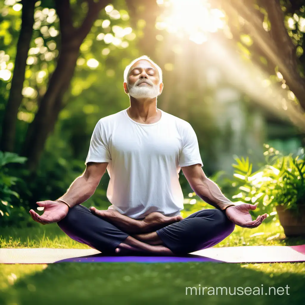 "A father sits cross-legged on a yoga mat, surrounded by serene greenery, with his eyes closed in peaceful concentration as he stretches his arms overhead. The morning sunlight filters through the trees, illuminating his serene expression and highlighting the importance of incorporating stretching into daily routines for overall well-being."