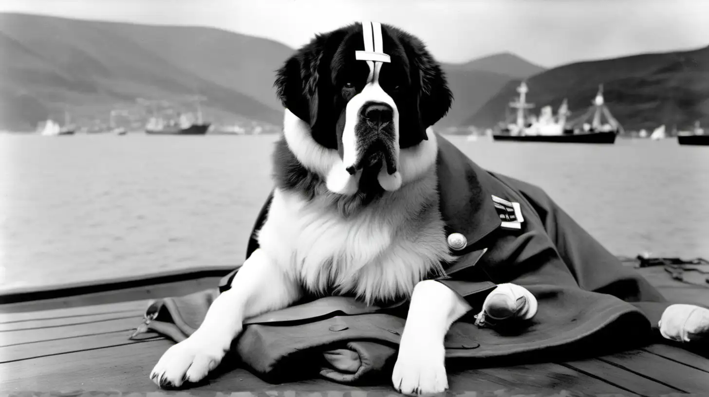 A Saint Bernard Dog posing as the official mascot of the Royal Norwegian Navy during World War II