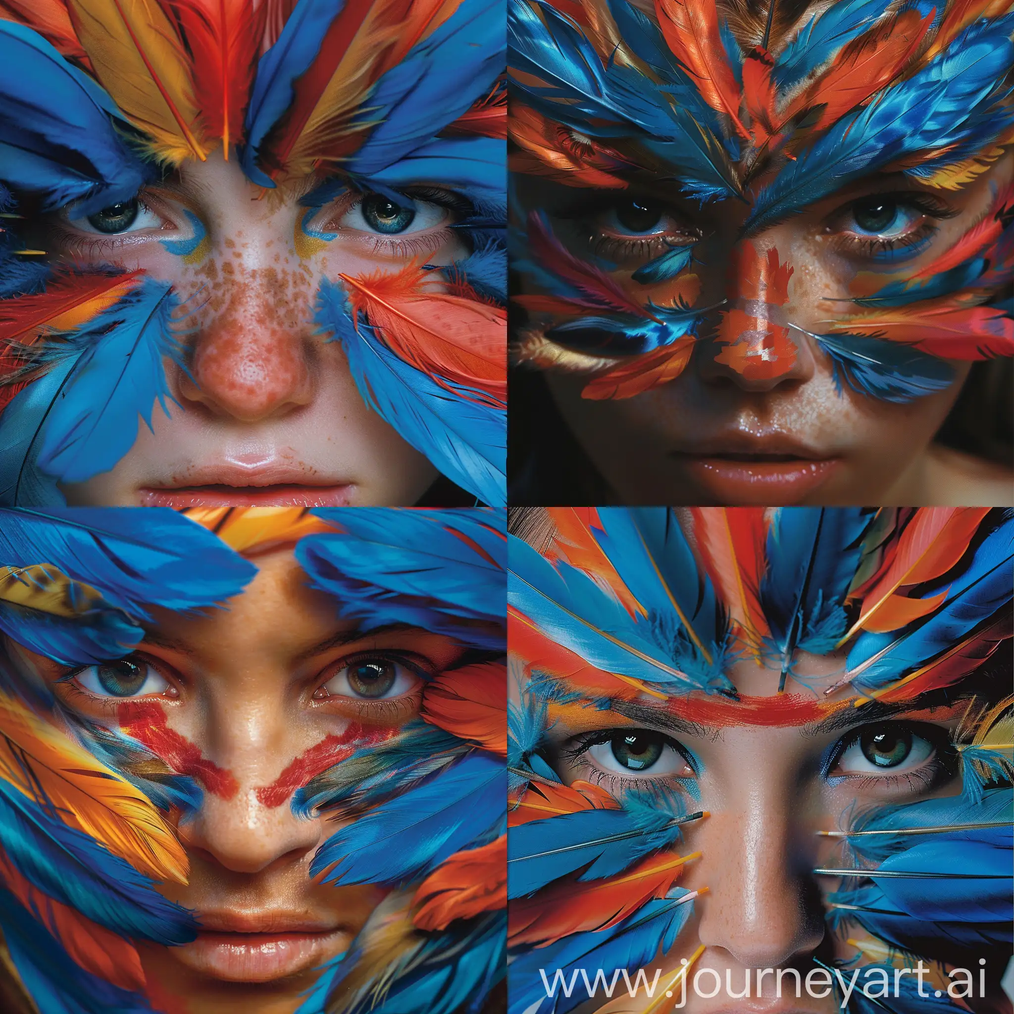 The image features a close-up of a woman's face with colorful feathers covering her cheeks and forehead. The colors of the feathers include blue, red, orange, and yellow. The woman's eyes appear to be looking directly at the viewer.
