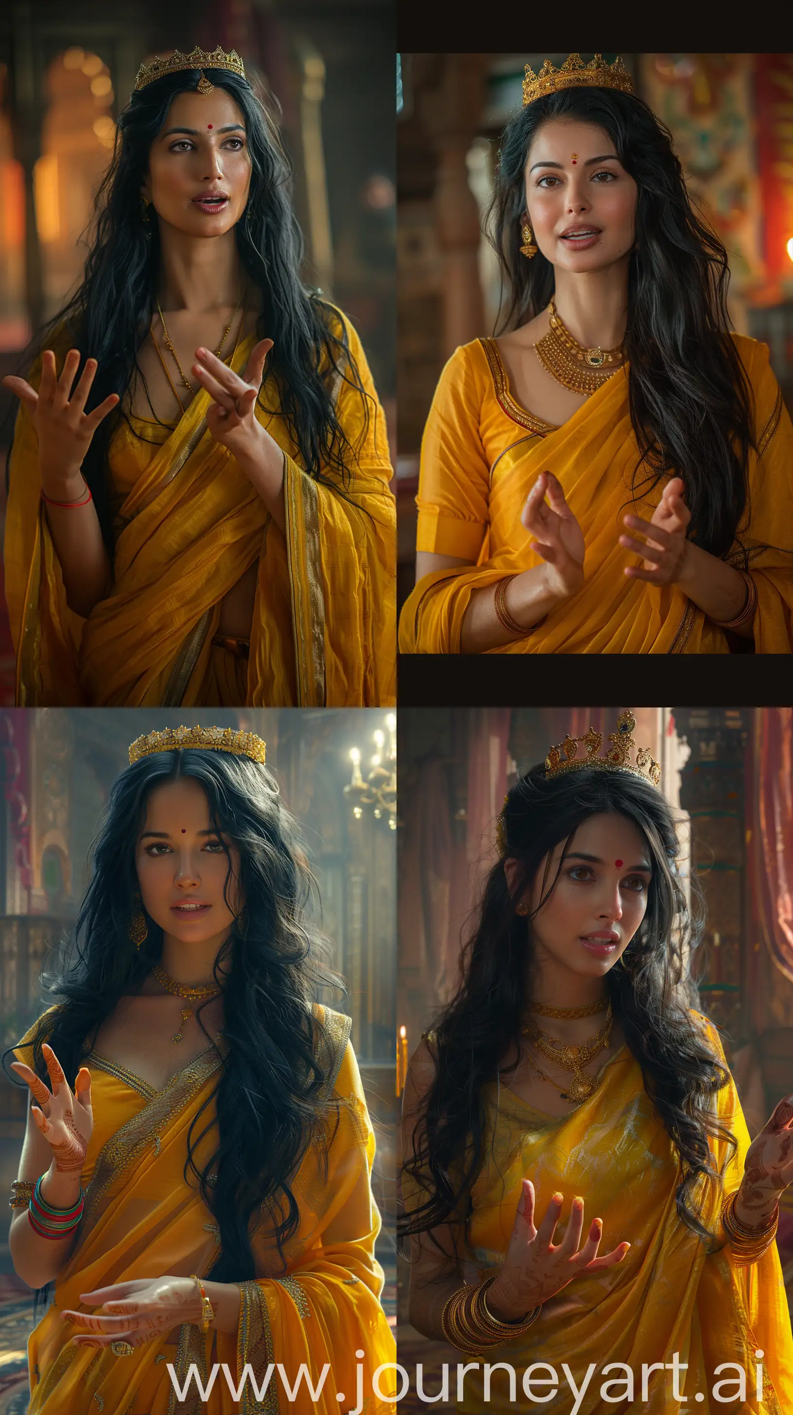 Realistic colorful images depicting an Indian woman in her thirties, long black hair, crowned, wearing yellow saree, talking, hand gestures, intricate details, close-up image, indoor setting, warm tones, dim cinematic ambient lighting, 8k quality --ar 9:16 --s 500