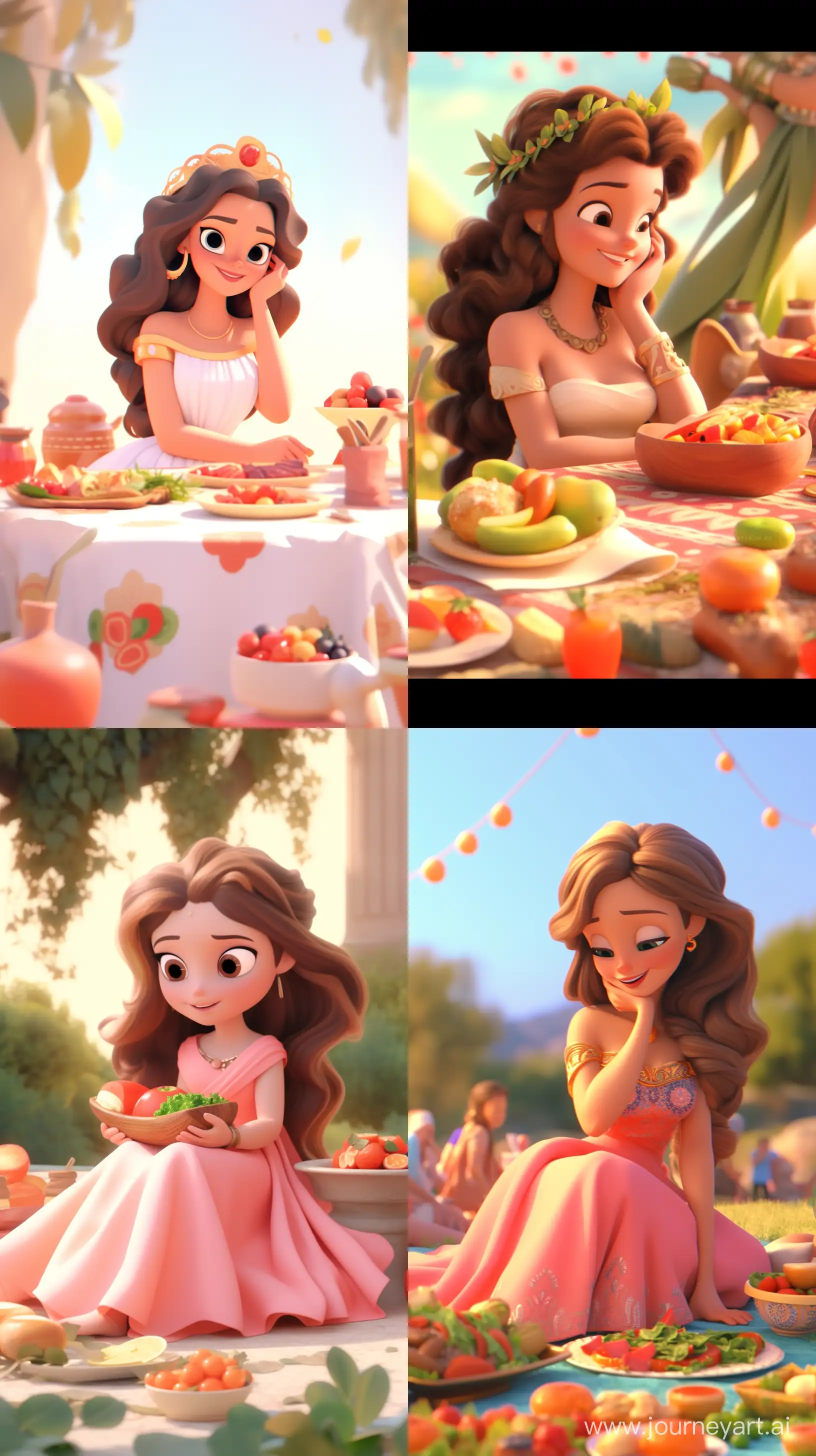 portrait of a greek goddess, having a picnic, 3D animation, pixar style --niji --ar 9:16