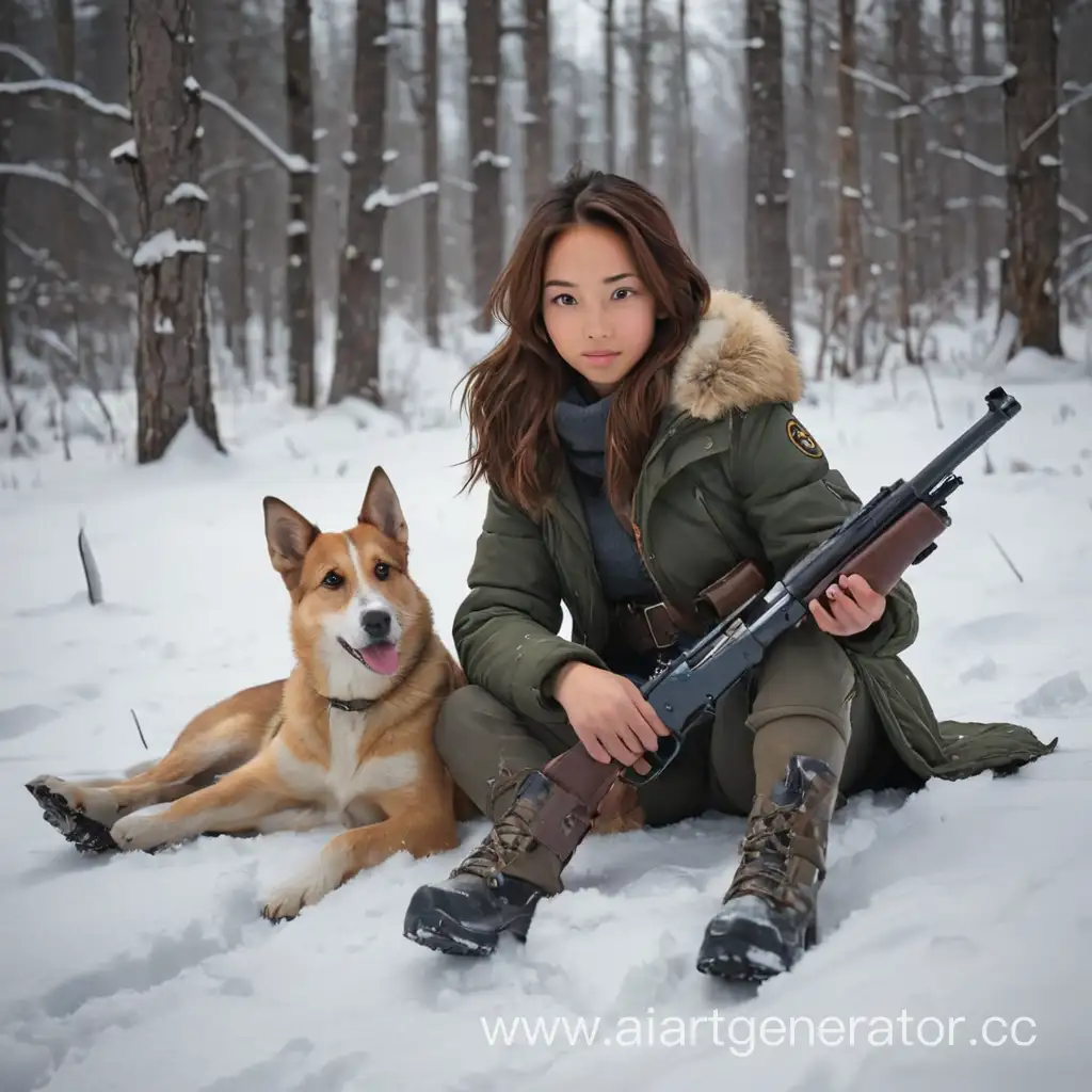 Девушка сидит на снегу с собакой и ружьем.
