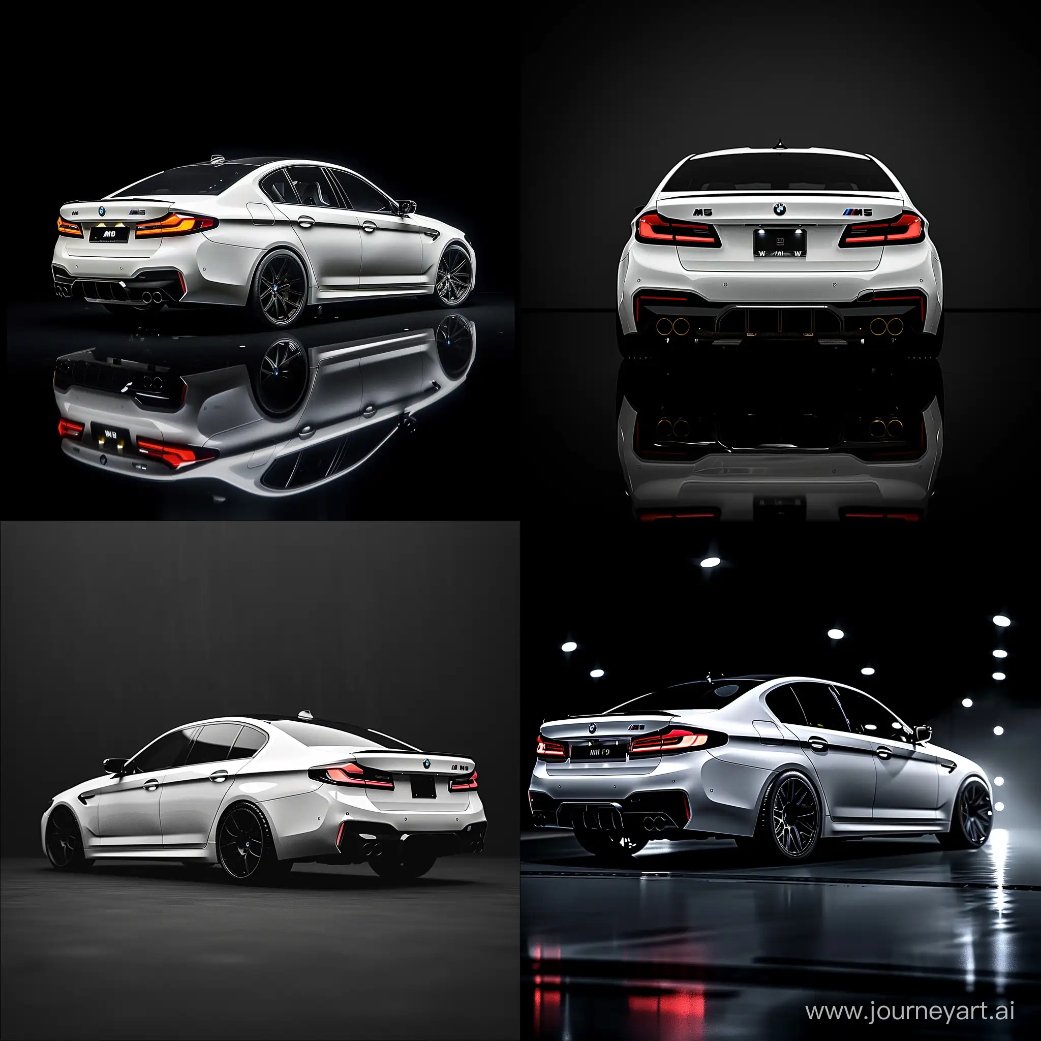 hyper-realistic White BMW m5 f9 on a black monochrome background , rear view with headlights on