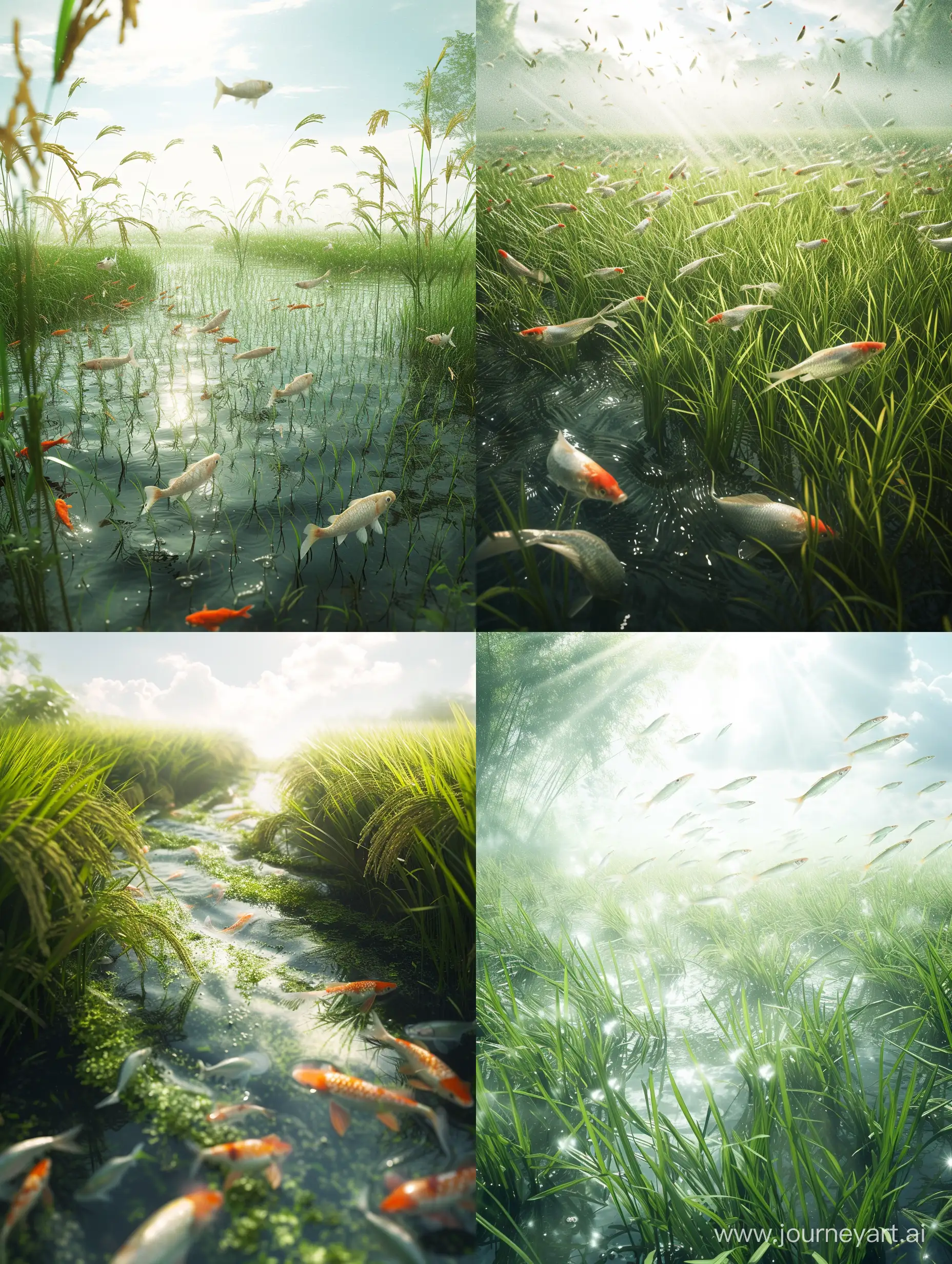Serene-Harmony-Vibrant-Rice-Field-with-Joyful-Fish-in-Morning-Light