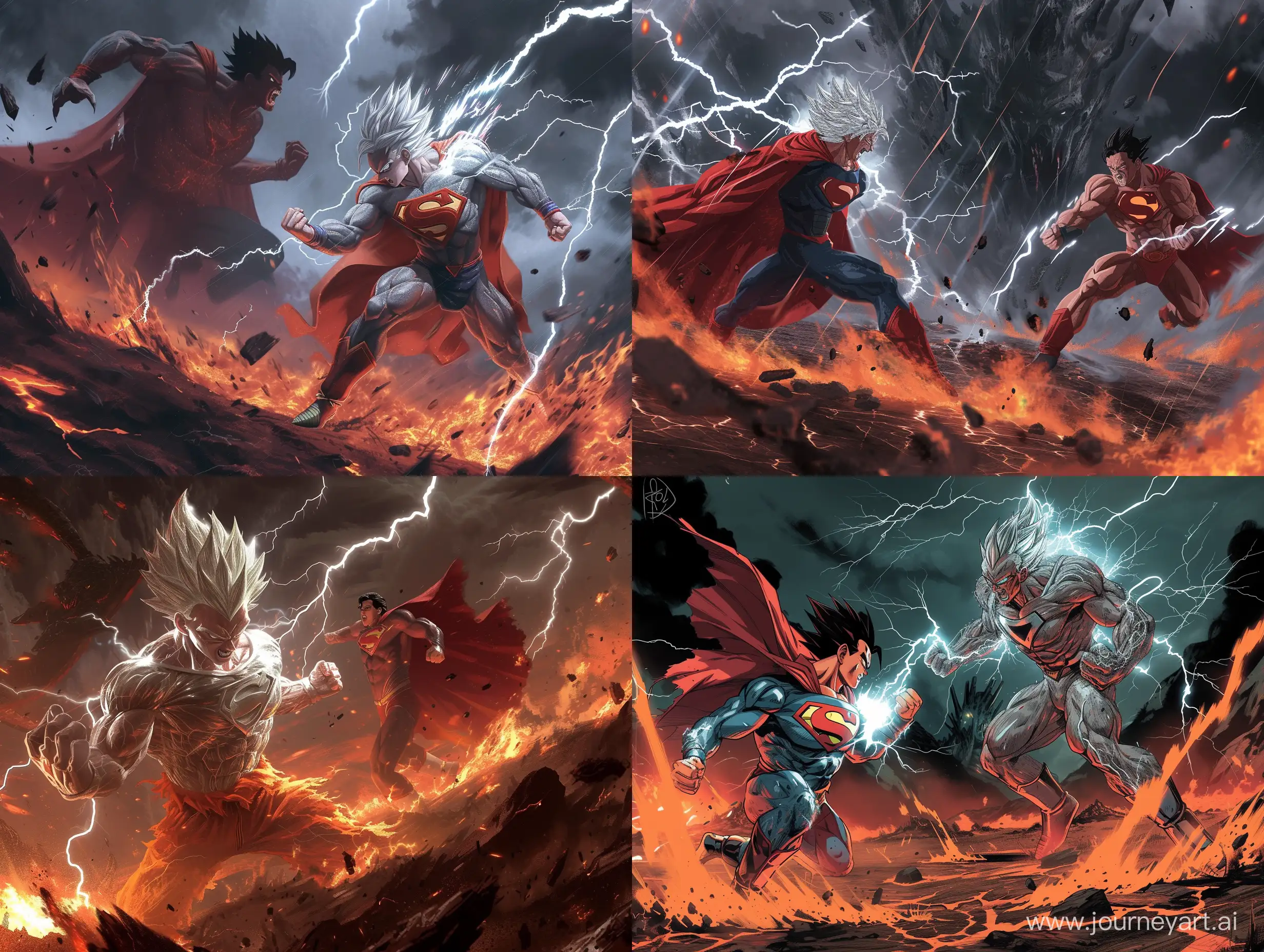 Illustrate a dynamic scene featuring Ultra Instinct Goku engaged in a fierce battle against Superman. Goku, radiating with an intense silver aura, demonstrates extraordinary agility and power as he clashes with Superman. Superman, enveloped in a crimson red aura, exhibits formidable strength and determination.The battlefield is set against a dark and ominous background, reminiscent of the style seen in Dragon Ball Super. Shenron, the Eternal Dragon, looms large in the background, its presence adding an air of mystique and grandeur to the scene. Lightning flashes illuminate the sky, casting dramatic shadows across the landscape. Lava erupts from the ground, adding to the chaotic atmosphere of the battle.The illustration should capture the essence of the clash between two iconic characters, blending the dynamic action of Dragon Ball Super with the epic scale of the confrontation. The style should reflect the signature artwork of Akira Toriyama, capturing the energy and intensity of the battle in vivid detail.