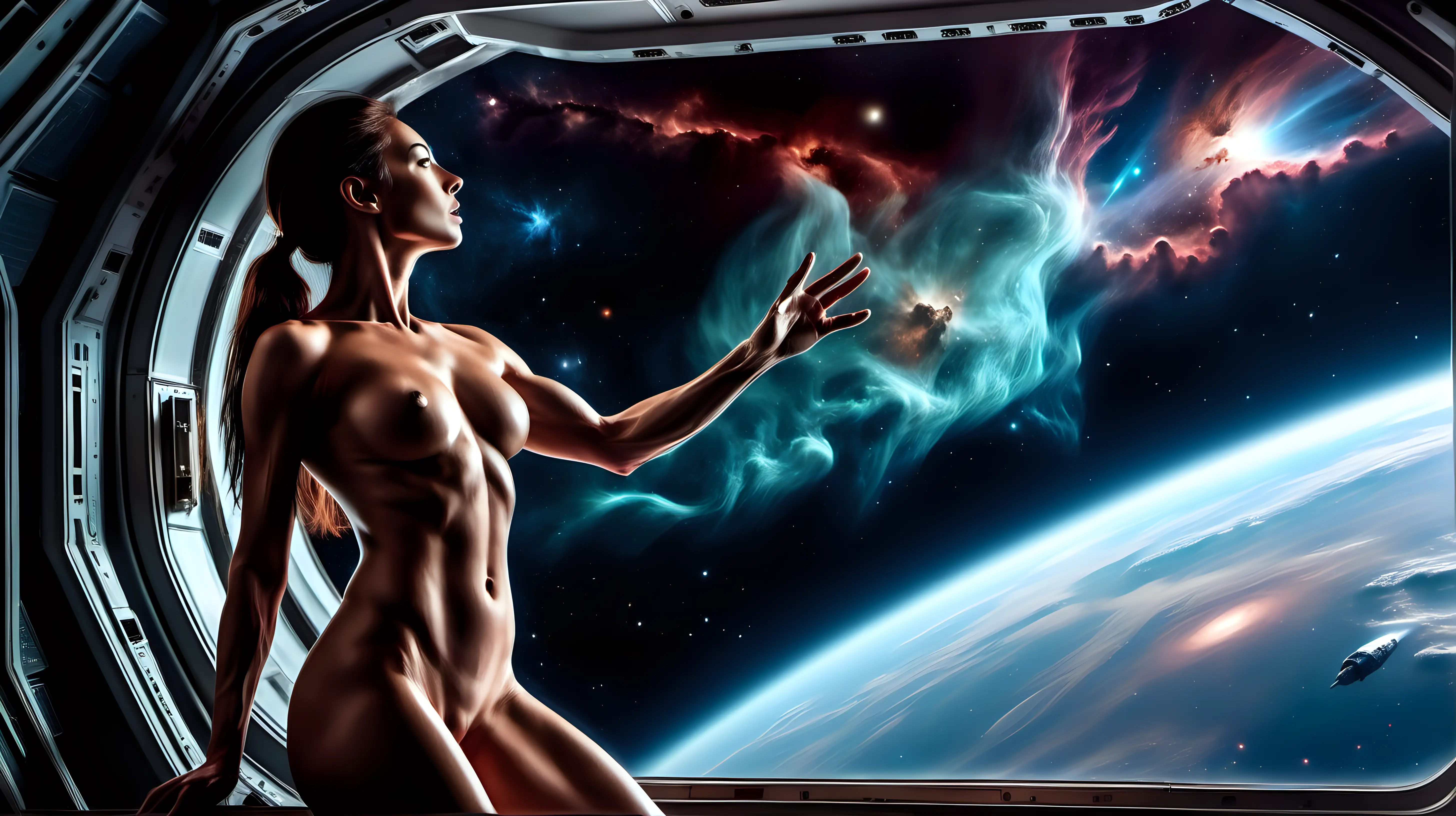 naked muscular woman on a spaceship, visor, no gravity, watching nebula from window