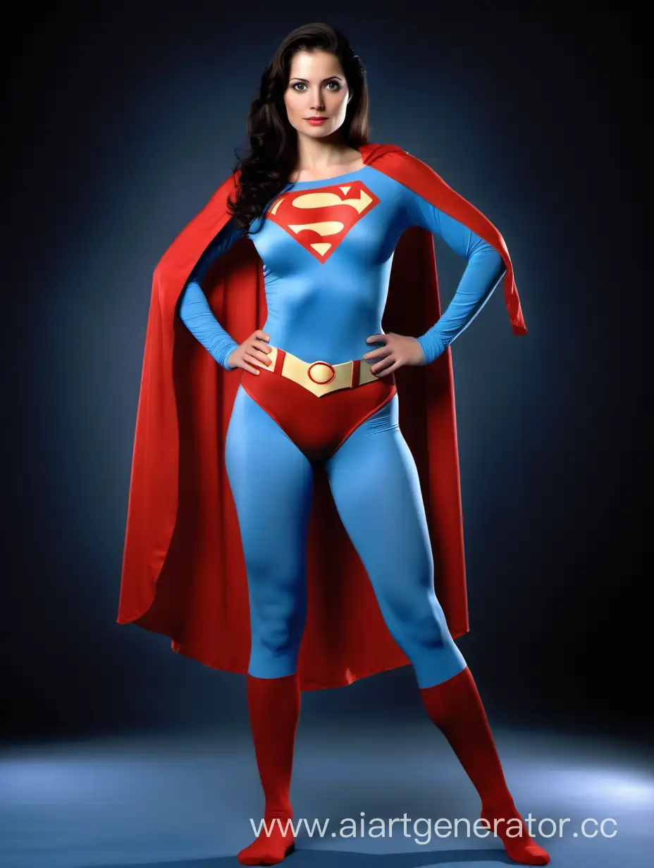 A pretty woman with dark hair, age 28, She is confident and strong. She is wearing a Superman costume with (blue leggings), (long blue sleeves), red briefs, and a long flowing cape. Her costume is made of very soft cotton fabric. The symbol on her chest has no black outlines.  She is posed like a superhero, strong and powerful. Bright photo studio. Superman The Movie.