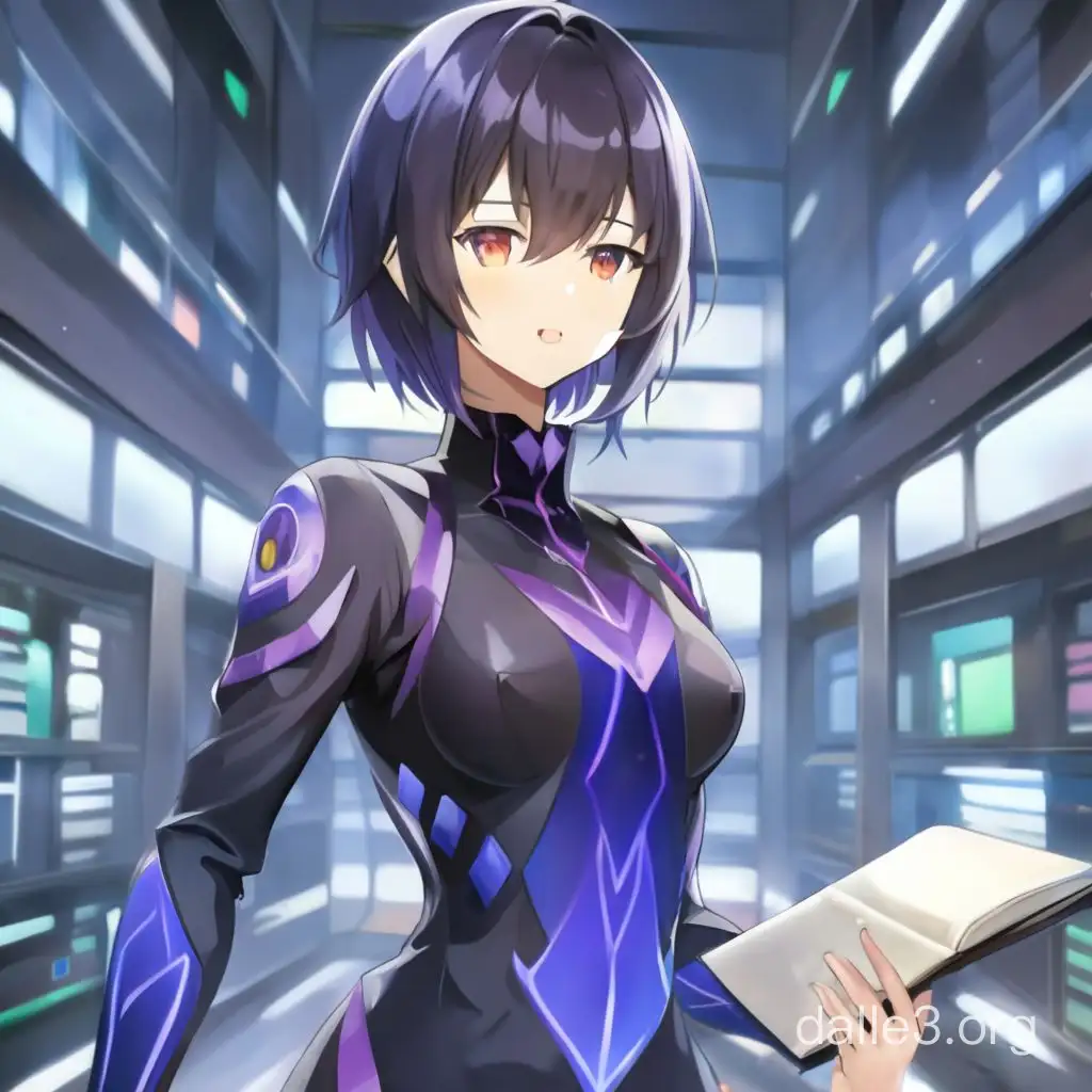 Create an image of an anime-style female character. She has a futuristic, intellectual look, wears a sleek black and purple outfit with geometric patterns, and is holding a textbook. Her posture is confident and analytical, with a background that suggests a laboratory setting. She has short, black hair with streaks of purple. 