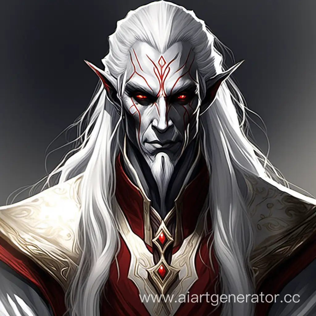 Sotha Sil in his white dress, with his long, white hair and red, dark elf Dunmer eyes. He does not have a beard. His right arm is mechanical and made of brass. No beard. Grey gray skin. Inventor. Tinkerer. Artificer.
