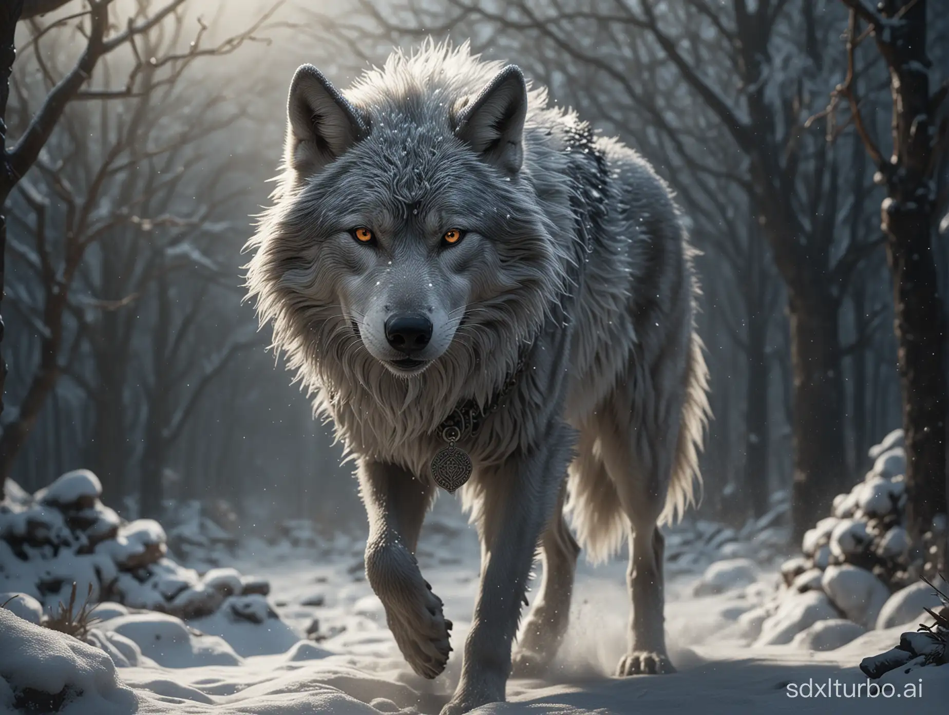 A beautiful silver wolf with fluffy fur, with a medallion on a chain around his neck emerges from the nusty mist and looks straight ahead, perfect composition, beautiful detailed intricate insanely detailed octane render trending on artstation, 8 k, photorealistic concept art, soft natural volumetric cinematic perfect light, chiaroscuro,  masterpiece, caravaggio, greg rutkowski perfect composition, beautiful detailed intricate insanely detailed octane render trending on artstation, 8 k, photorealistic concept art, soft natural volumetric cinematic perfect light, chiaroscuro,  masterpiece, caravaggio, greg rutkowski