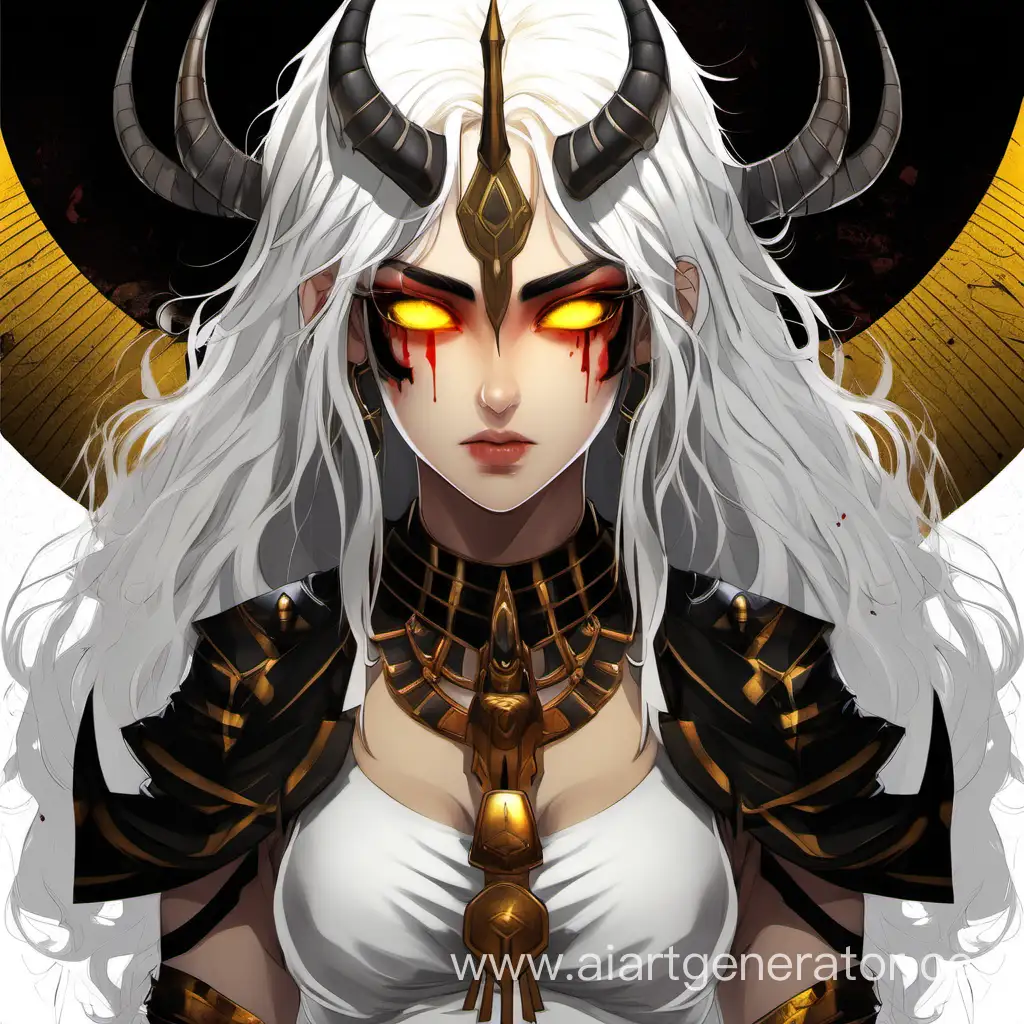 Warrior girl, white hair, yellow eyes, black horns, girl in blood, Egypt