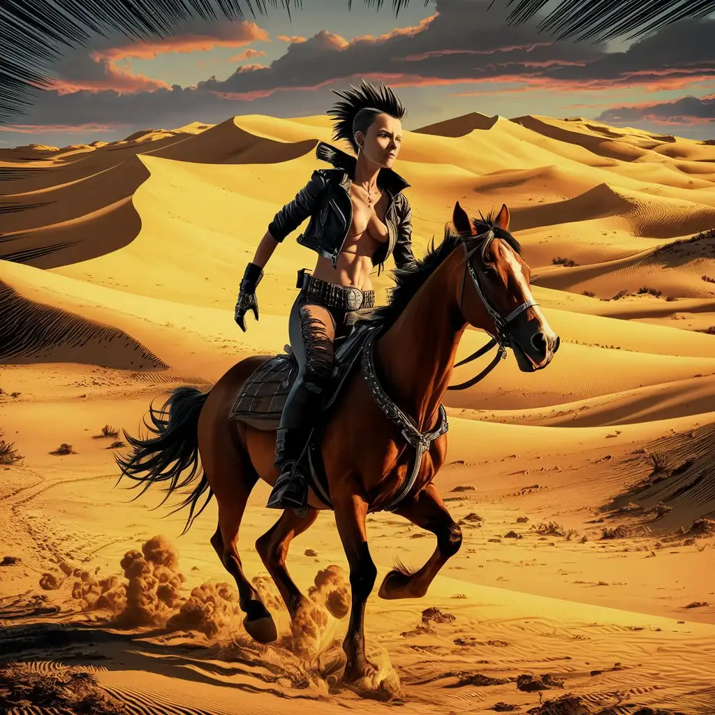 A slim punk girl is fleeing on her horse, galloping , Dune movie theme, comic magazine style, ink artwork, vivid colors 