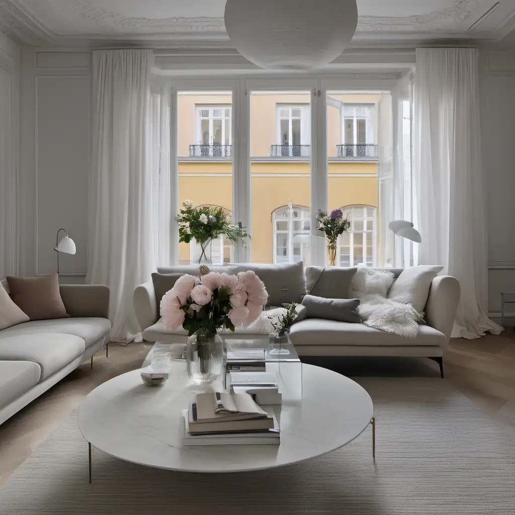 A large living room, huge turn-of-the-century apartment in Stockholm, the ceiling height is 5 meters. All walls, ceilings and joinery in the apartment are painted white. The sofa comes from bebitalia. There is a crystal chandelier in the ceiling from the brand Murano. A white armchair from Gubi. Two large windows, in one of them there is a beige pot and 3 cut flowers, the flowers are soft pink peonies. On the table is a glass vase with colorful flowers, en sprawling bouquetthe. The vase is from the Swedish brand Svensk Tenn with a round shape.
The floor is light wood, herringbone parquet. 
Rug from Layered in beige.
In the middle there is a marmor and glas coffe table from Ferm Living. There is a floor lamp in the corner, the floor lamp is from Gubi, model PAAVO TYNELL,9602. White linen curtains in the windows. summary, make an image similar to this
