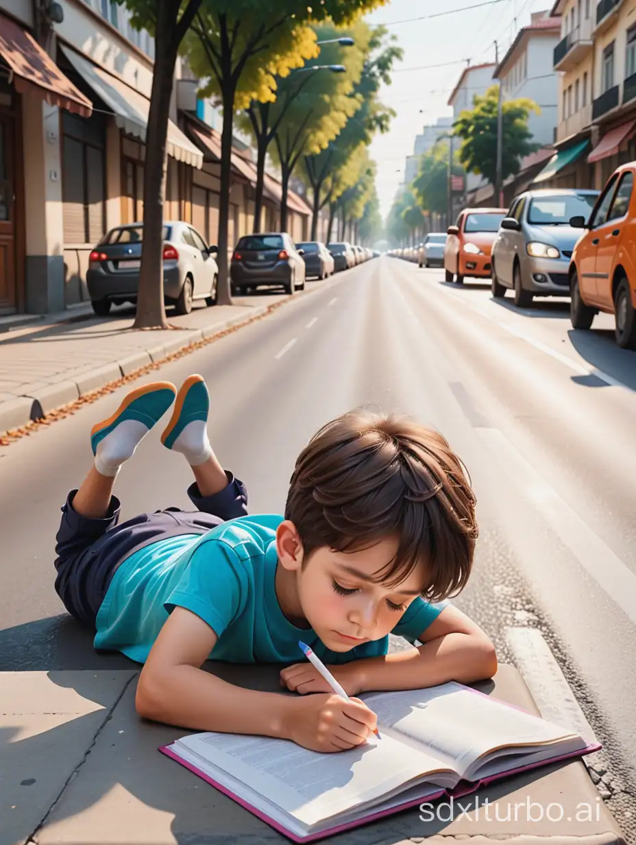 On the bustling street, a cute seven-year-old boy is lying on a desk in the middle of the road, diligently doing his homework.