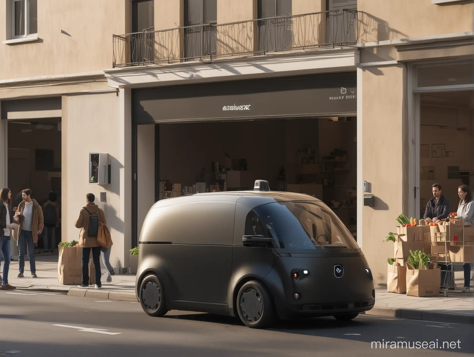 Silhouette of Autonomous Grocery Delivery Vehicle with Waiting Customers