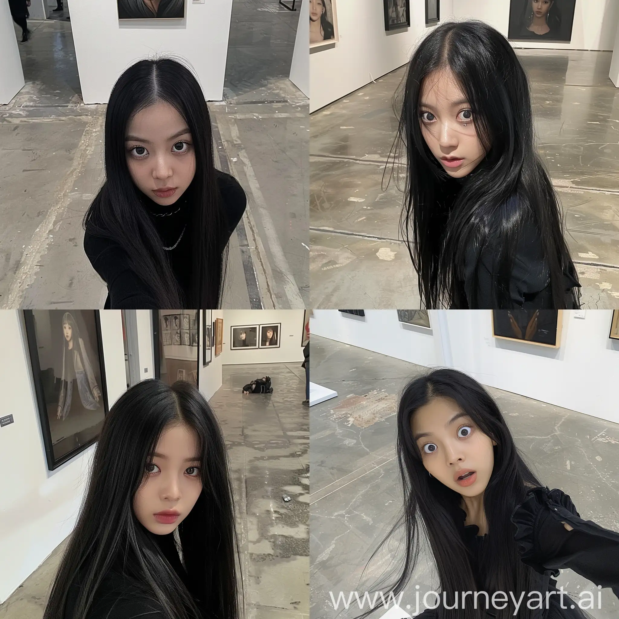 Aesthetic instagram selfie blackpink's jennie with long black hair and wide set eyes, standing on the floor of gallery art--ar 9:16