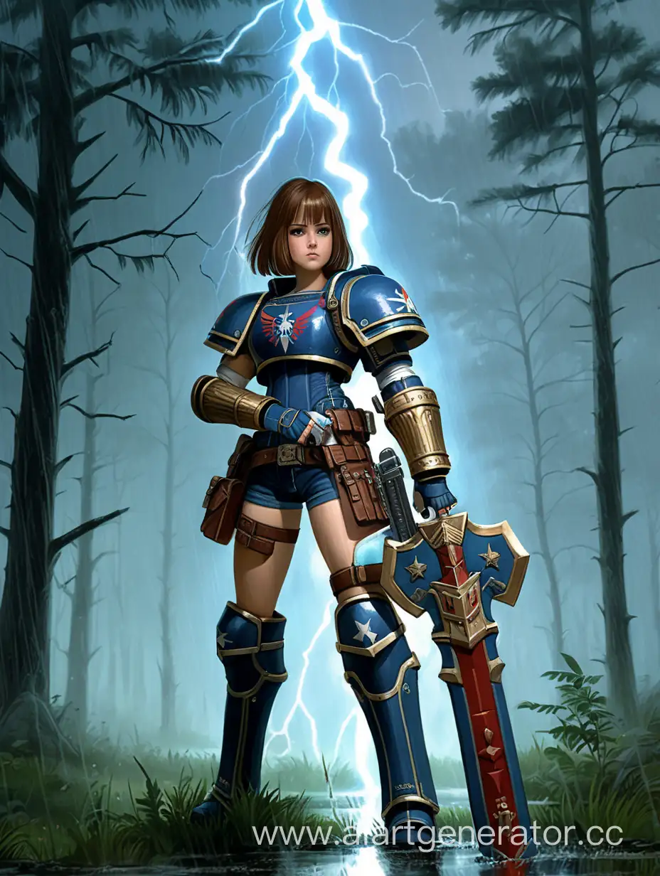 Max Caulfield , in astartes armor,with a big sword in her hand, a sword with lightning and shield in one hand, warhammer 40 000 style,raining,forest