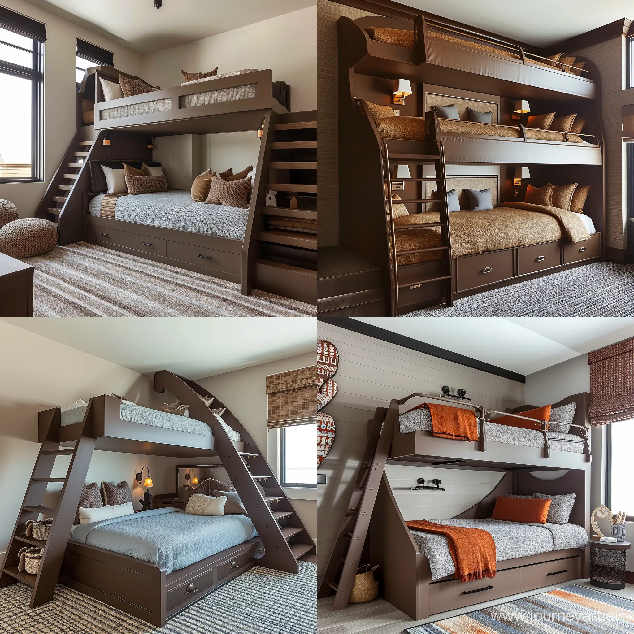 Children's bedroom with contemporary, chocolate-colored bunk beds
 --v 6 --ar 1:1 --no 48132