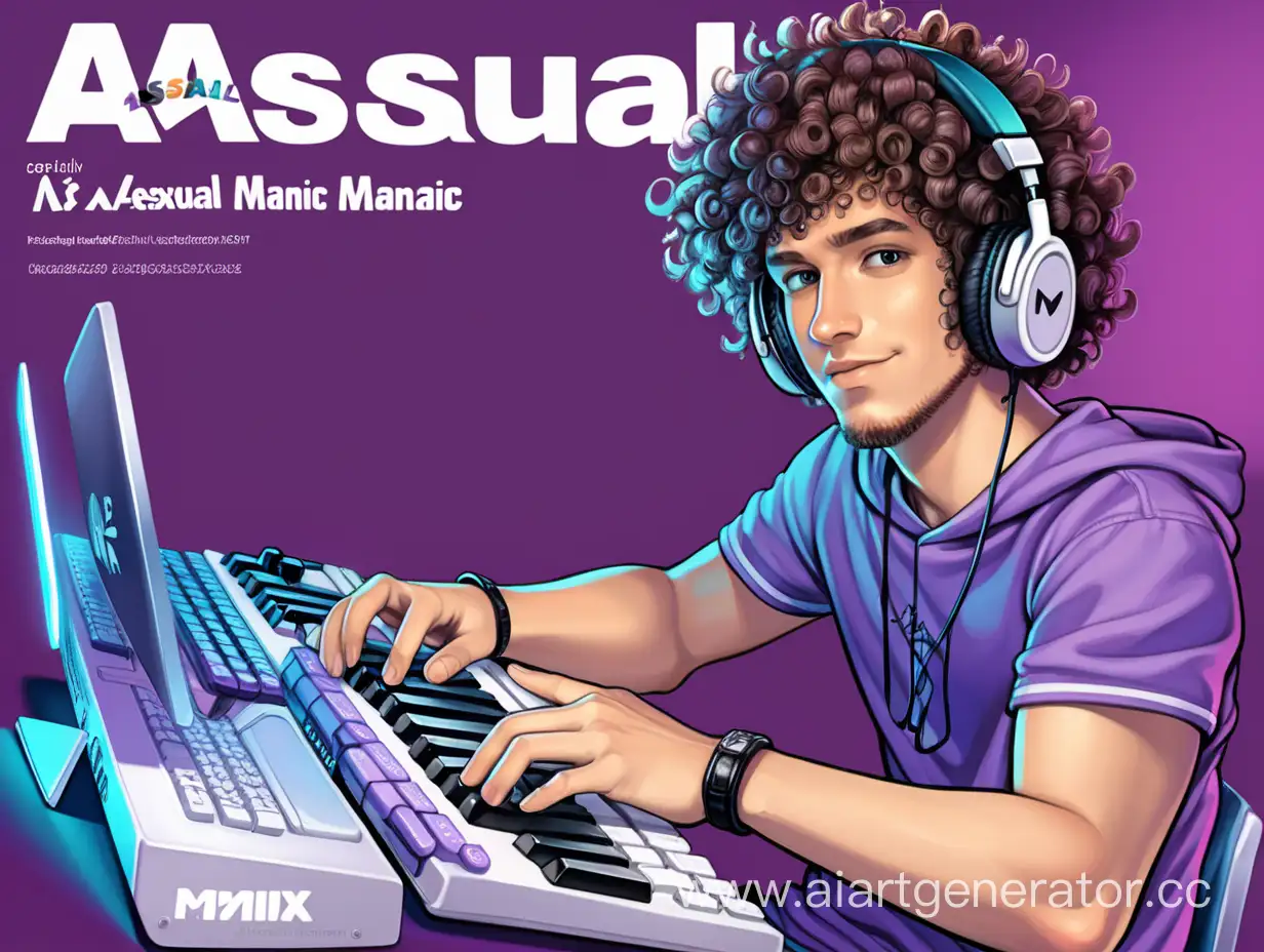 Кудрявый парень, стример, в наушниках , на обложке журнала "ASEXUAL MANIAC", с клавиатурой