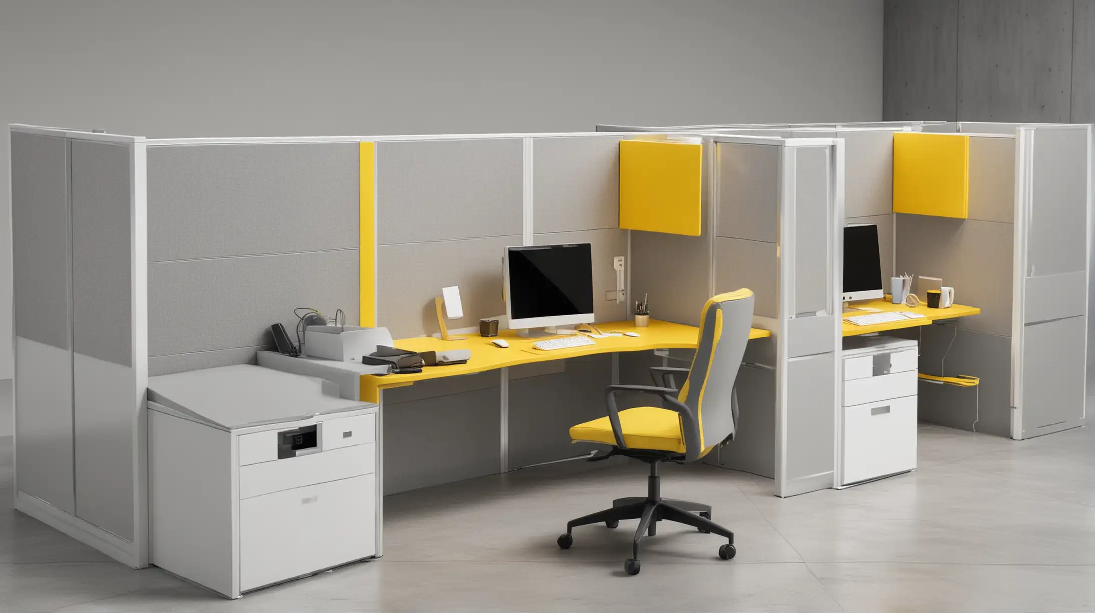 a exclusive cubicle for call center with minimalist and digital look, with computer and telephone, with the collor of grey and white and a splash of yellow