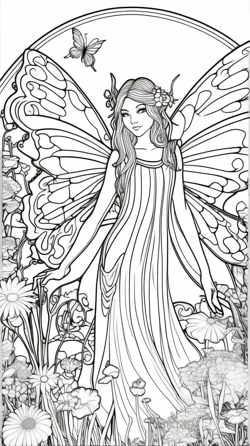 <fairy> colouring page, clean line art, garden background 