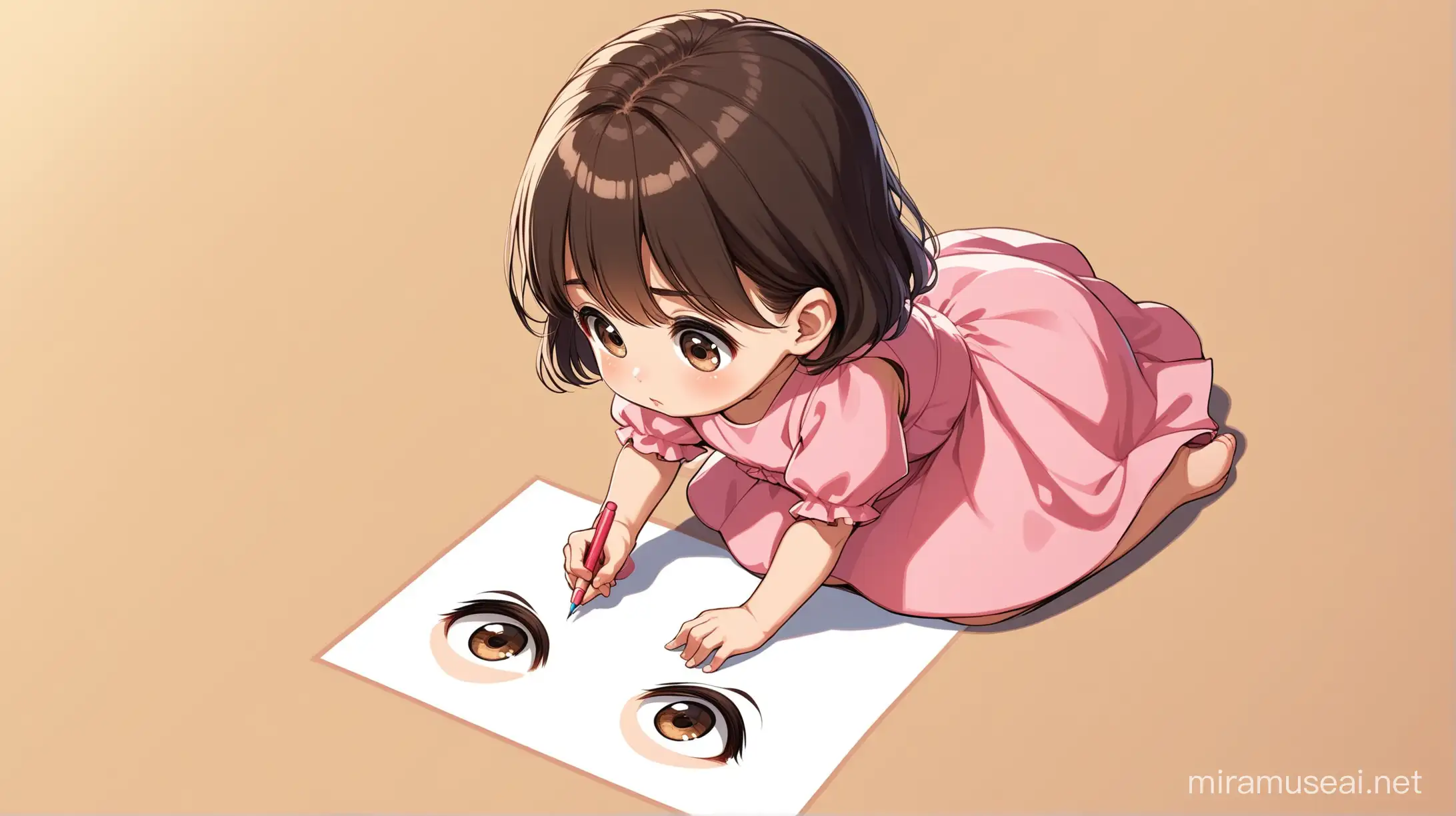 A female kid have a 3 years old , sitting on the floor and drawing on the floor while looking down into the floor, light skin, dark brown big eyes, dark brown hair, pink dress, cartoon type

