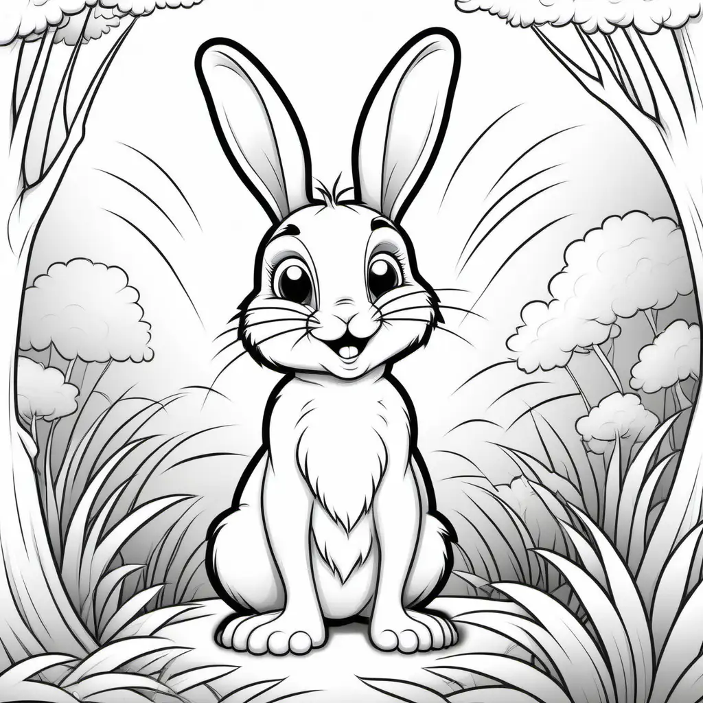 coloring page, some detail, rabbit
, black and white, cartoon, friendly