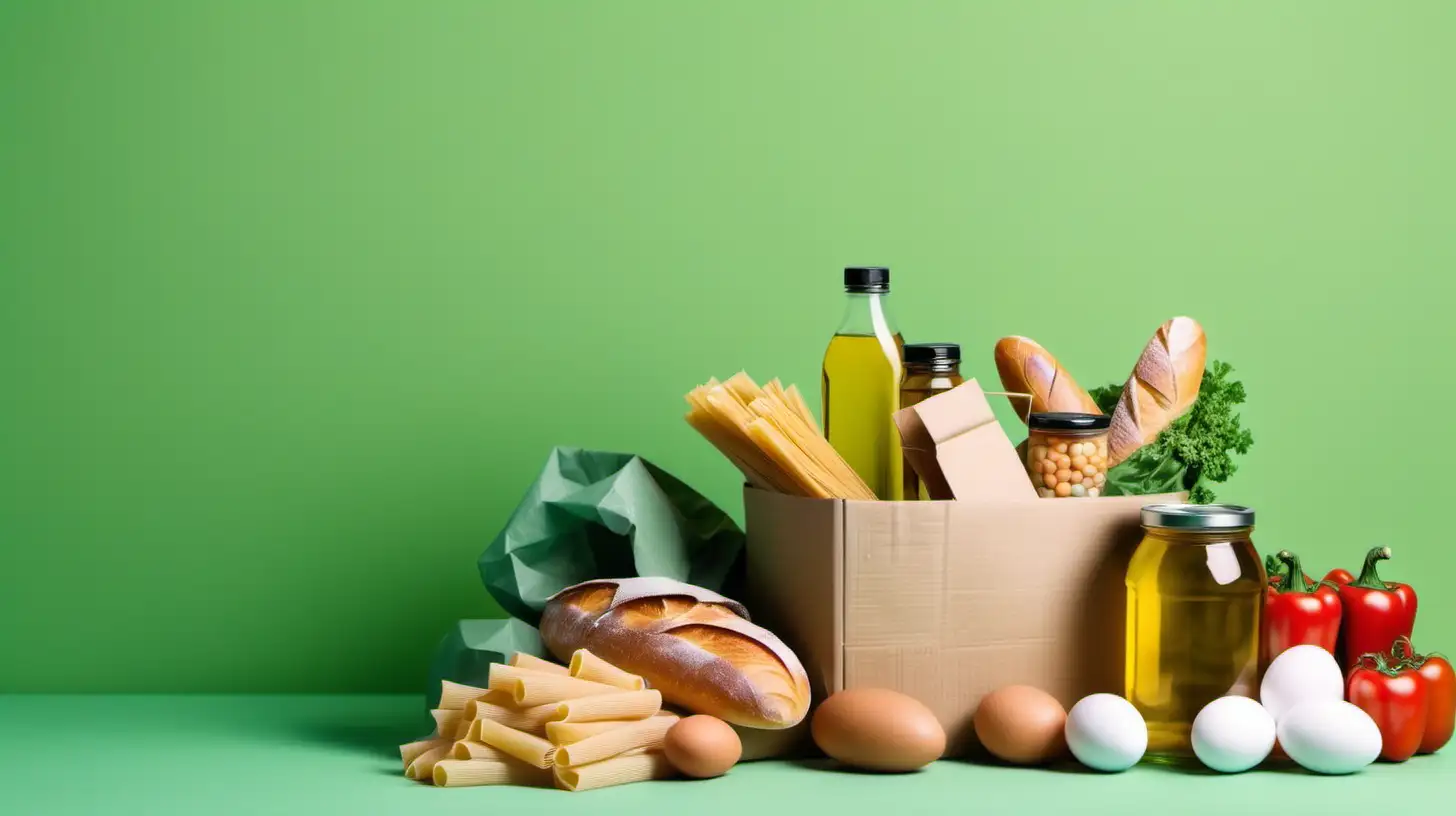 Food donations on green pastel background with copyspace - pasta, fresh vegatables, canned food, baguette, eggs, organic oil. Donation or delivery food concept 
