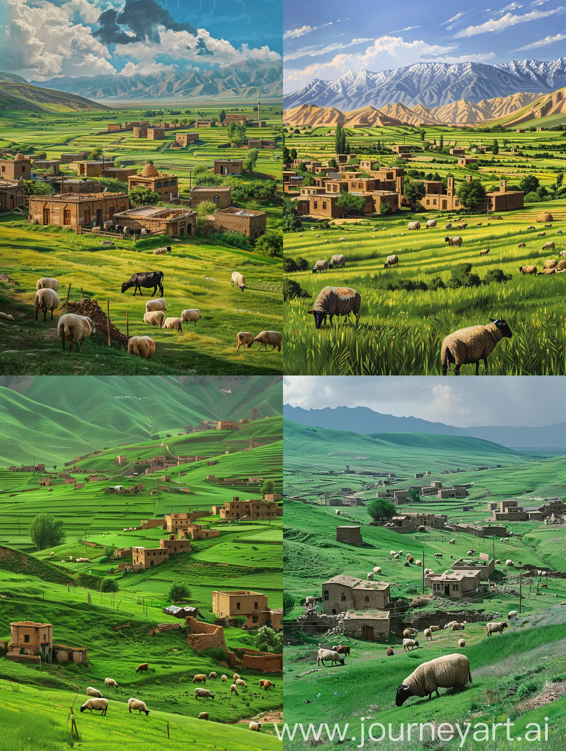 an iranian village in the middle of a green field with sheeps and cows far away  ,highquality , highly detail