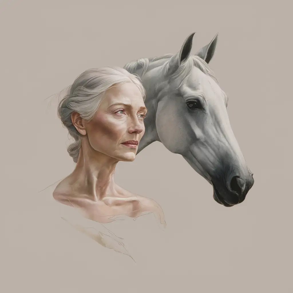 Design a minimalist portrait of a mature beautiful woman watching her beautiful horse, a fine pencil drawn close-up study, coloristic colors, minimalistic 